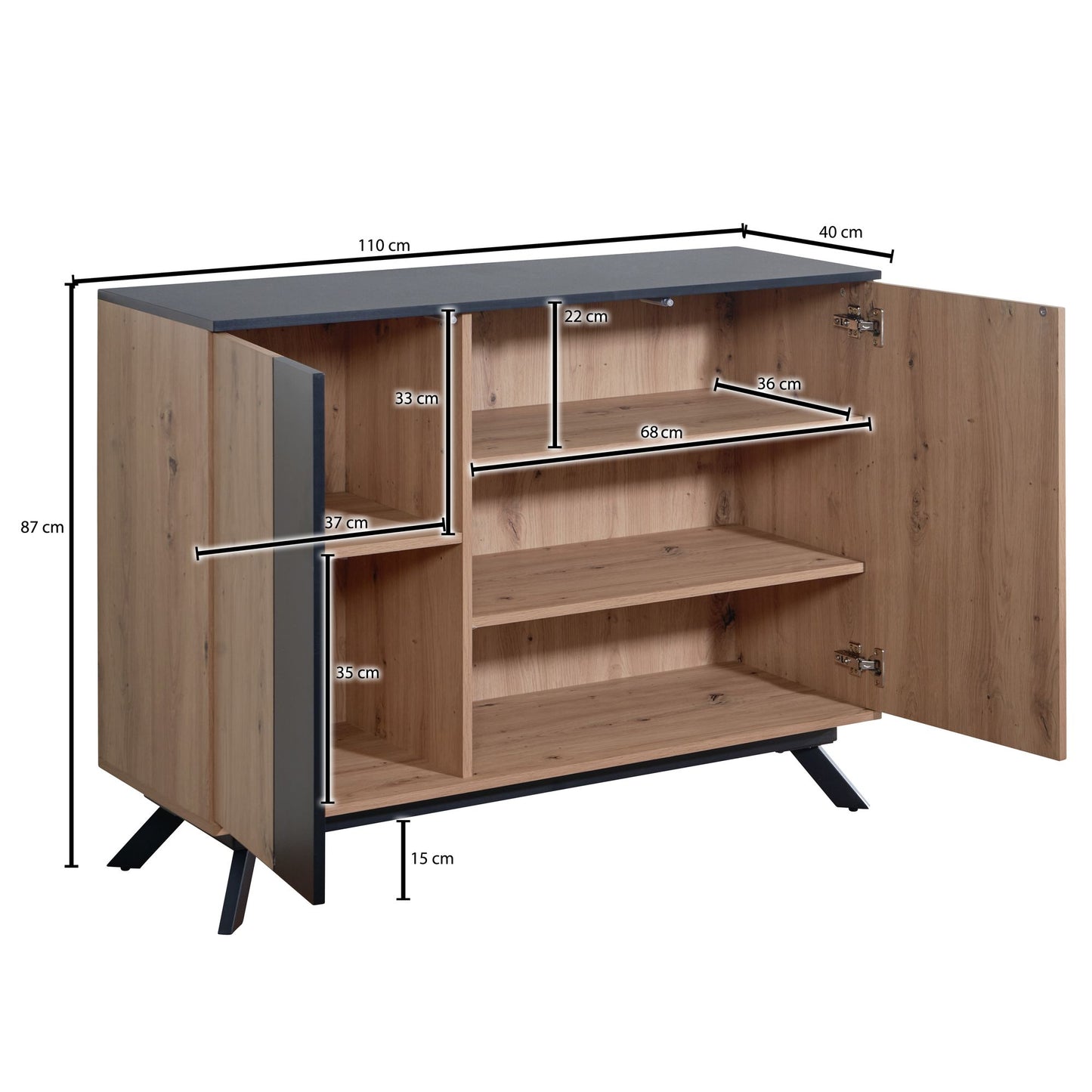 Sideboard 110 mal 87 mal 40 cm MDF Anrichte in Eiche Dekor Schwarz Kommode mit 2 Tueren Kommodenschrank Flurschrank Modern Standschrank Wohnzimmer mit Metallbeine