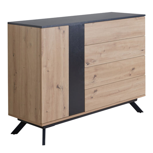 Sideboard 110 mal 87 mal 40 cm MDF Anrichte in Eiche Dekor Schwarz Kommode mit 4 Schubladen Kommodenschrank Flurschrank mit Tuer Modern Standschrank Wohnzimmer mit Metallbeine