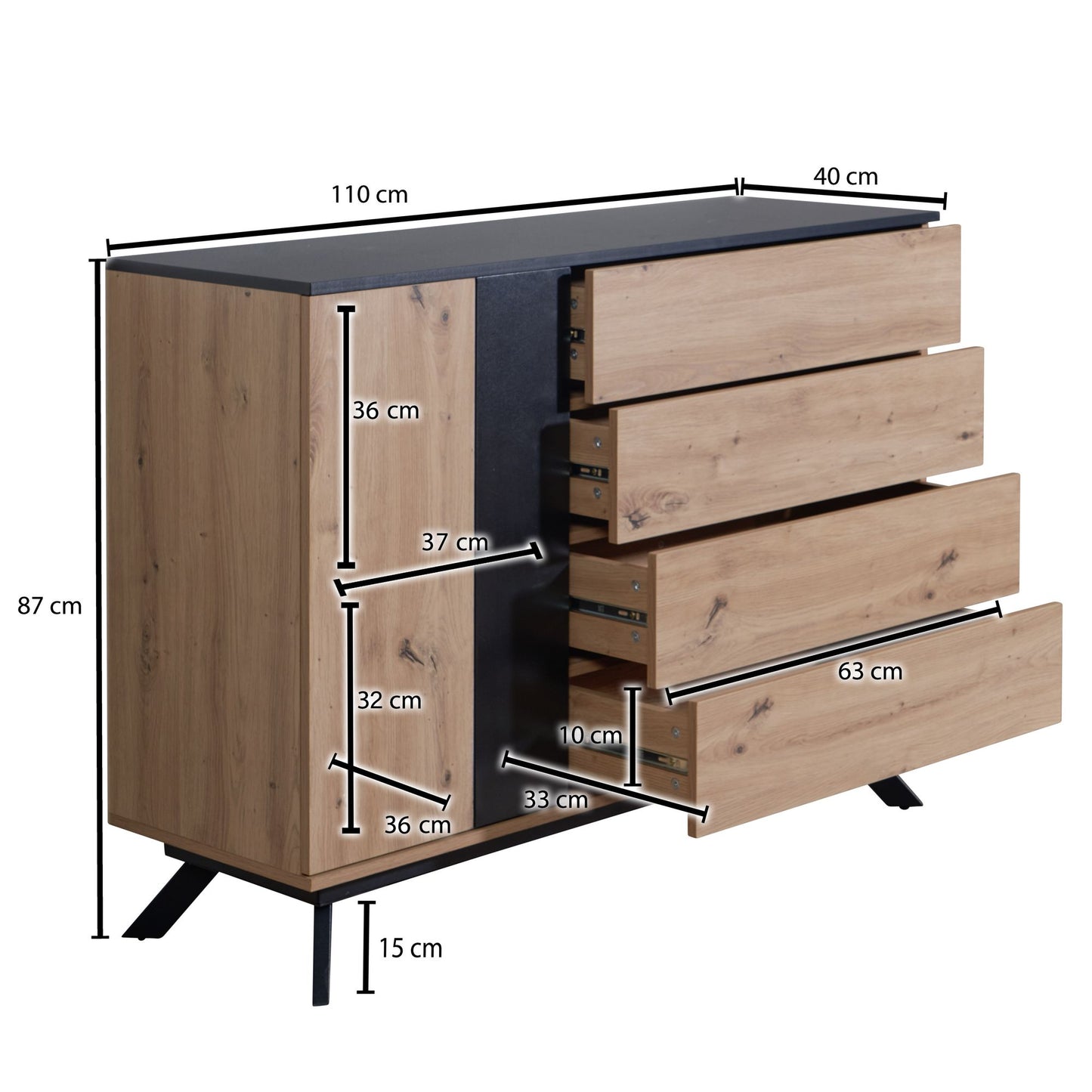 Sideboard 110 mal 87 mal 40 cm MDF Anrichte in Eiche Dekor Schwarz Kommode mit 4 Schubladen Kommodenschrank Flurschrank mit Tuer Modern Standschrank Wohnzimmer mit Metallbeine