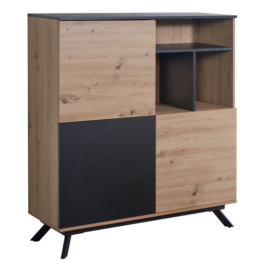 Highboard 110 mal 129 mal 40 cm MDF Sideboard in Eiche Dekor Schwarz Kommode mit 3 Tueren Kommodenschrank mit Regal Flurschrank Modern Standschrank Anrichte mit Metallbeine