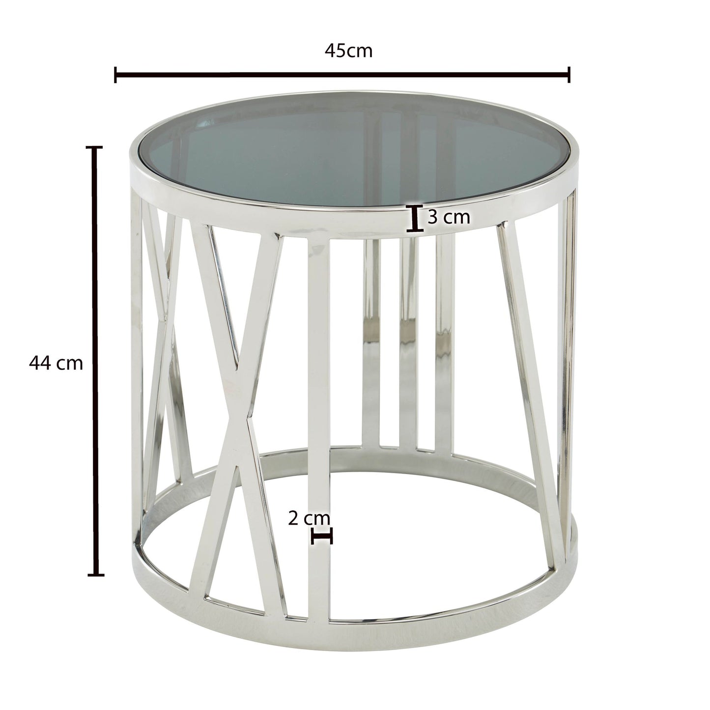 Beistelltisch 45 mal 45 mal 44 cm Anstelltisch Glas Metall Silber Kleiner Sofatisch Rund Wohnzimmertisch Couch Modern Couchtisch Hoch