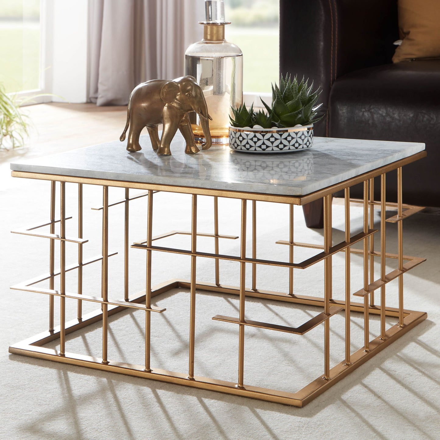 Couchtisch Echter Marmor Weiss 55 mal 55 mal 35 cm Sofatisch Metall Gold Design Wohnzimmertisch Quadratisch Kleiner Kaffeetisch Modern Eckig Beistelltisch Anstelltisch Wohnzimmer