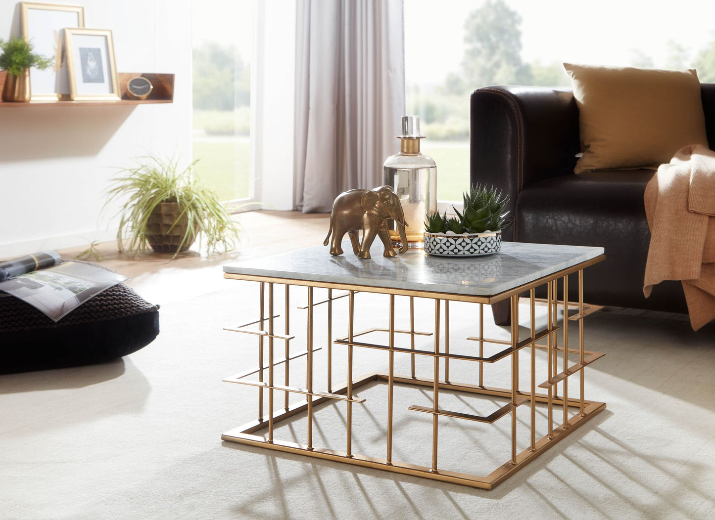 Couchtisch Echter Marmor Weiss 55 mal 55 mal 35 cm Sofatisch Metall Gold Design Wohnzimmertisch Quadratisch Kleiner Kaffeetisch Modern Eckig Beistelltisch Anstelltisch Wohnzimmer