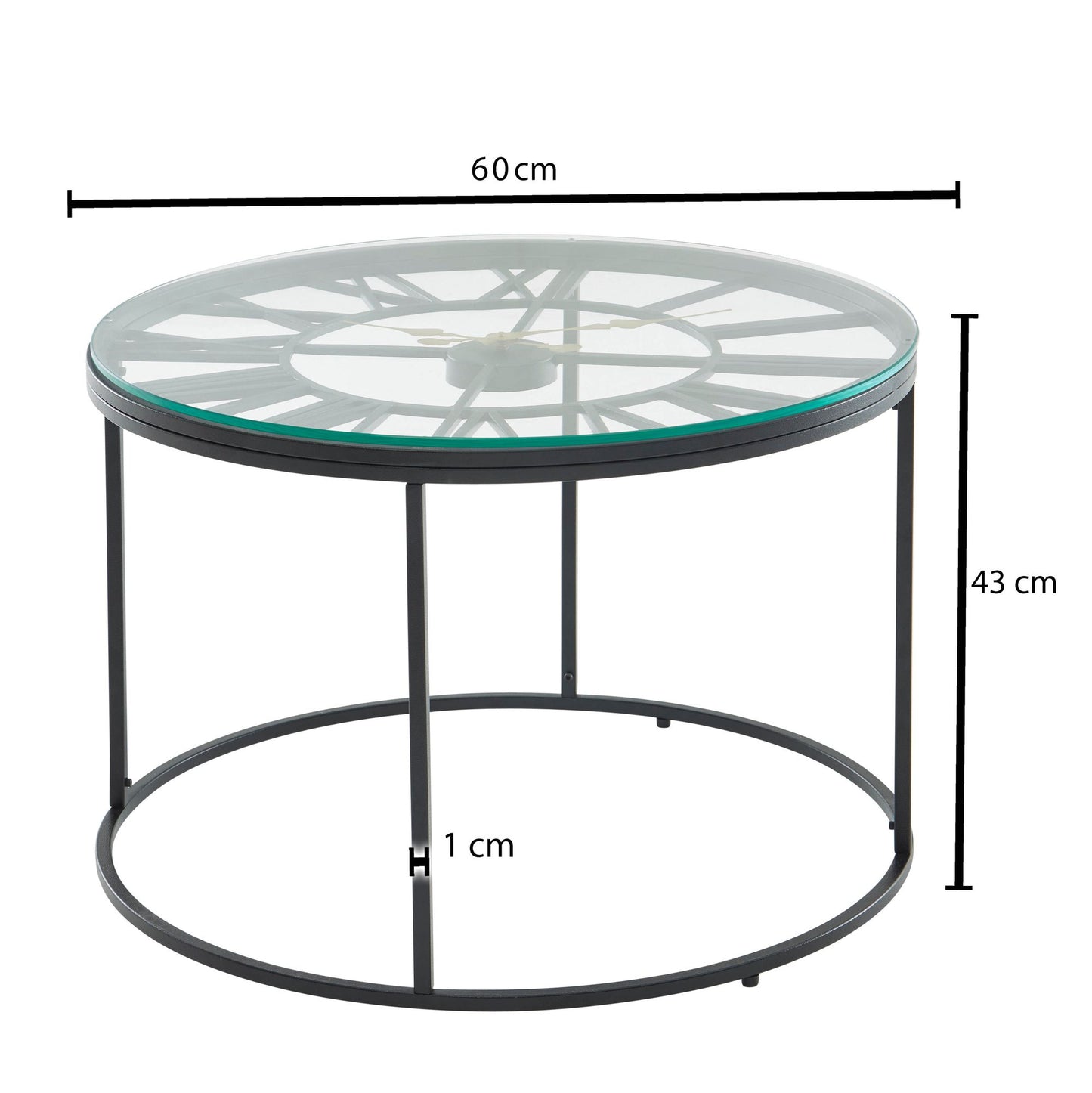 Couchtisch Glas Metall 60 mal 60 mal 43 cm Sofatisch Schwarz mit Deko Uhr Design Wohnzimmertisch Rund Kleiner Kaffeetisch Modern Beistelltisch Anstelltisch Wohnzimmer