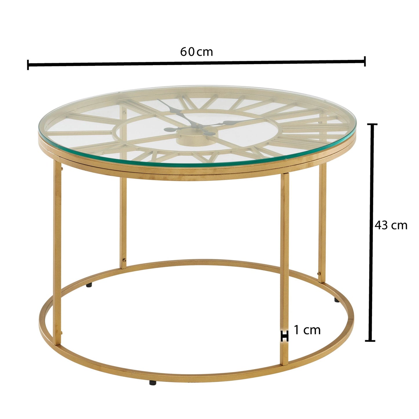 Couchtisch Glas Metall 60 mal 60 mal 43 cm Sofatisch Gold mit Deko Uhr Design Wohnzimmertisch Rund Kleiner Kaffeetisch Modern Beistelltisch Anstelltisch Wohnzimmer