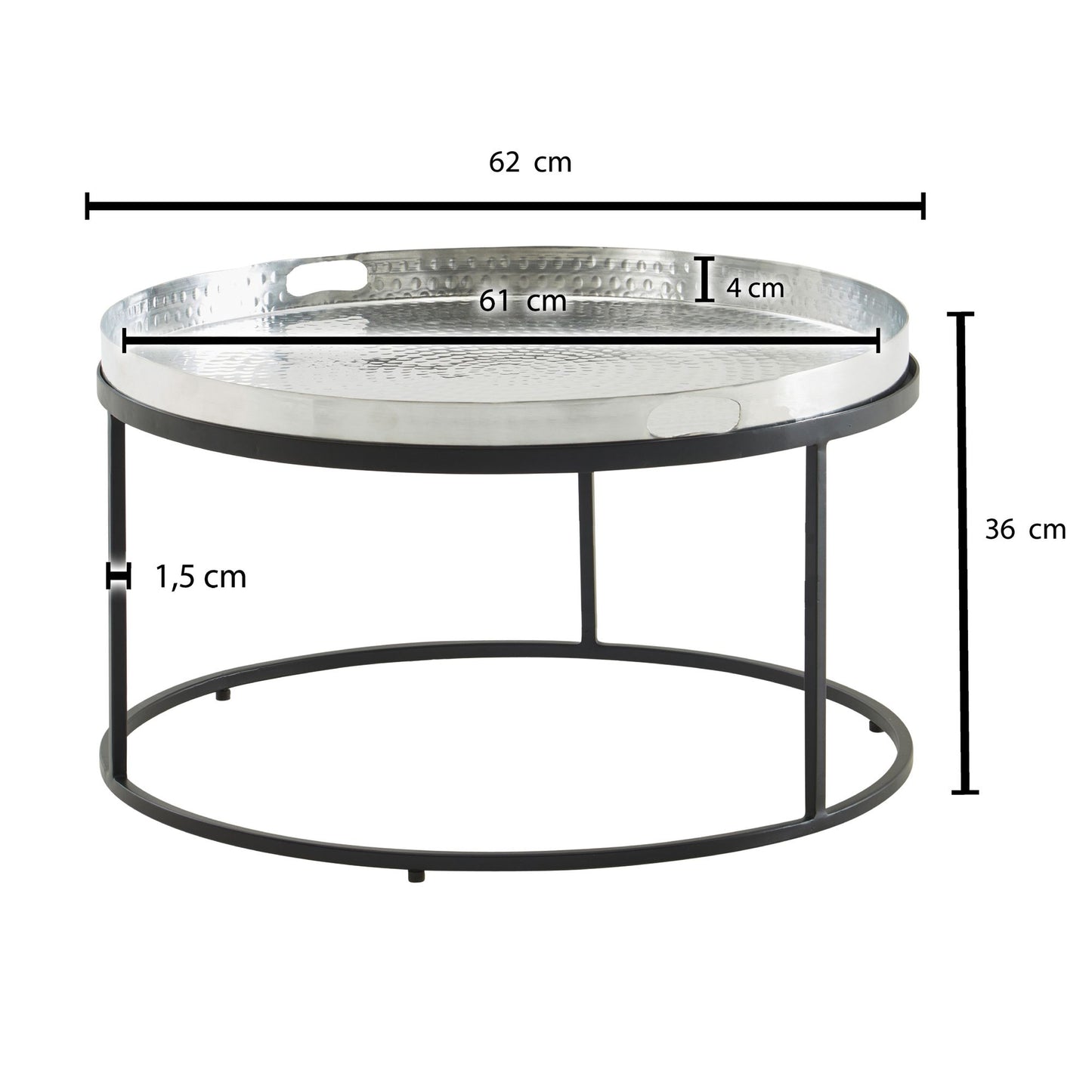 Couchtisch Hammerschlag Metall 62 mal 62 mal 36 cm Sofatisch Aluminium Silber Schwarz Design Wohnzimmertisch abnehmbares Tablett Rund Tabletttisch Wohnzimmer Beistelltisch Modern