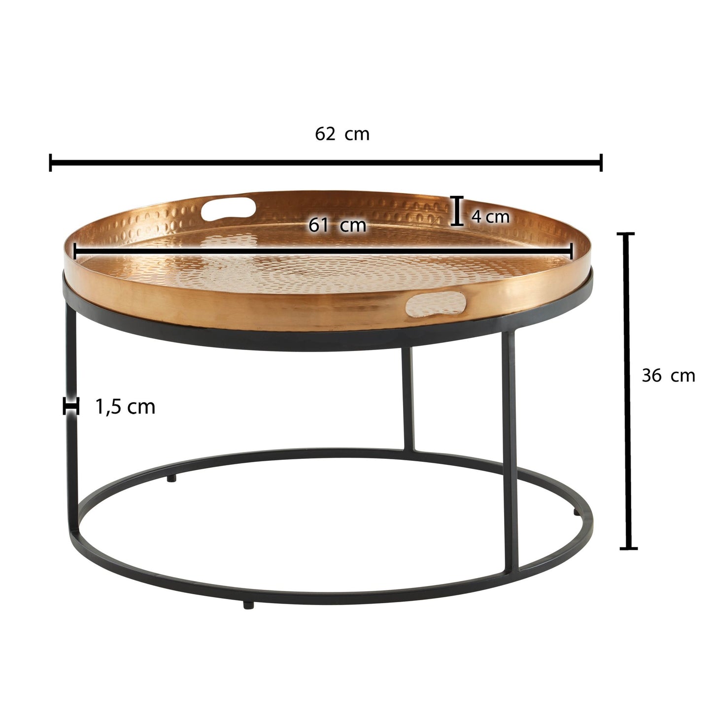 Couchtisch Hammerschlag Metall 62 mal 62 mal 36 cm Sofatisch Aluminium Gold Schwarz Design Wohnzimmertisch abnehmbares Tablett Rund Tabletttisch Wohnzimmer Beistelltisch Modern