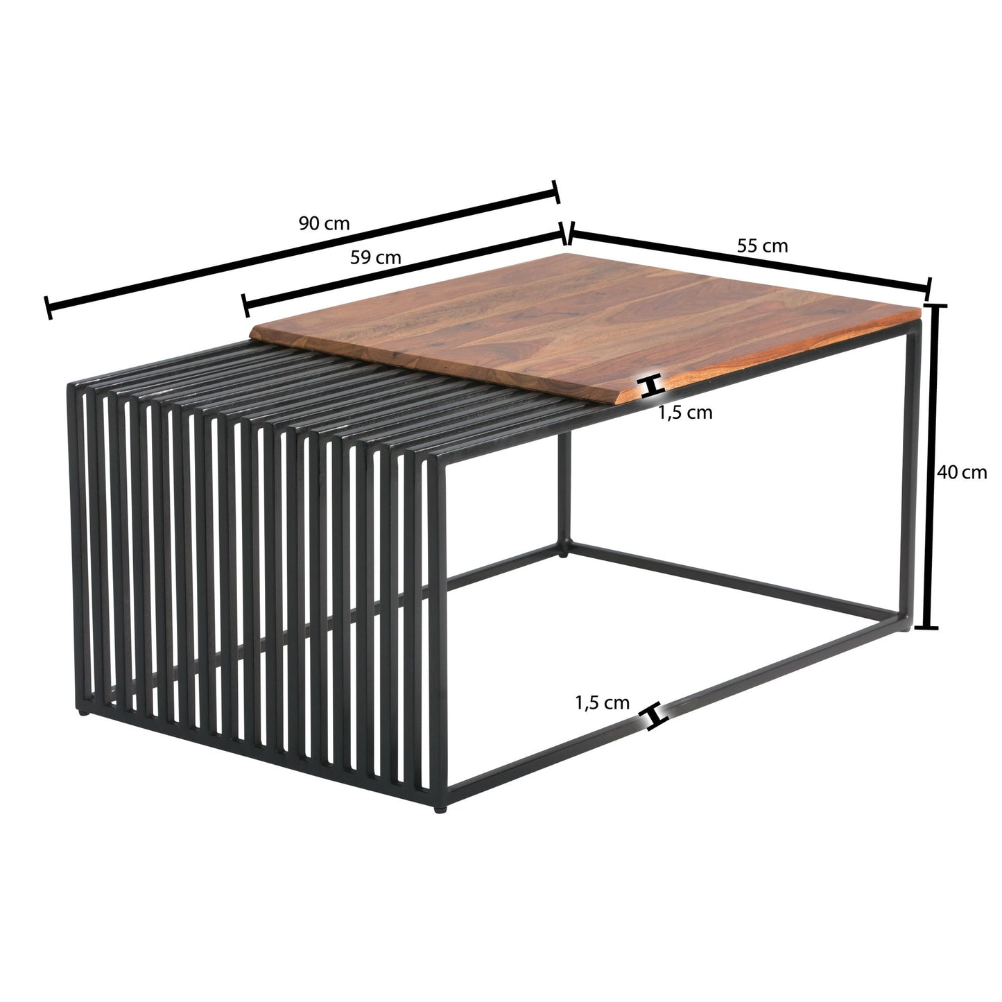 Couchtisch 90 mal 55 mal 40 cm Sheesham Massivholz Metall Sofatisch Rechteckig Design Wohnzimmertisch Industrial Kaffeetisch Massiv Grosser Tisch Beistelltisch Wohnzimmer