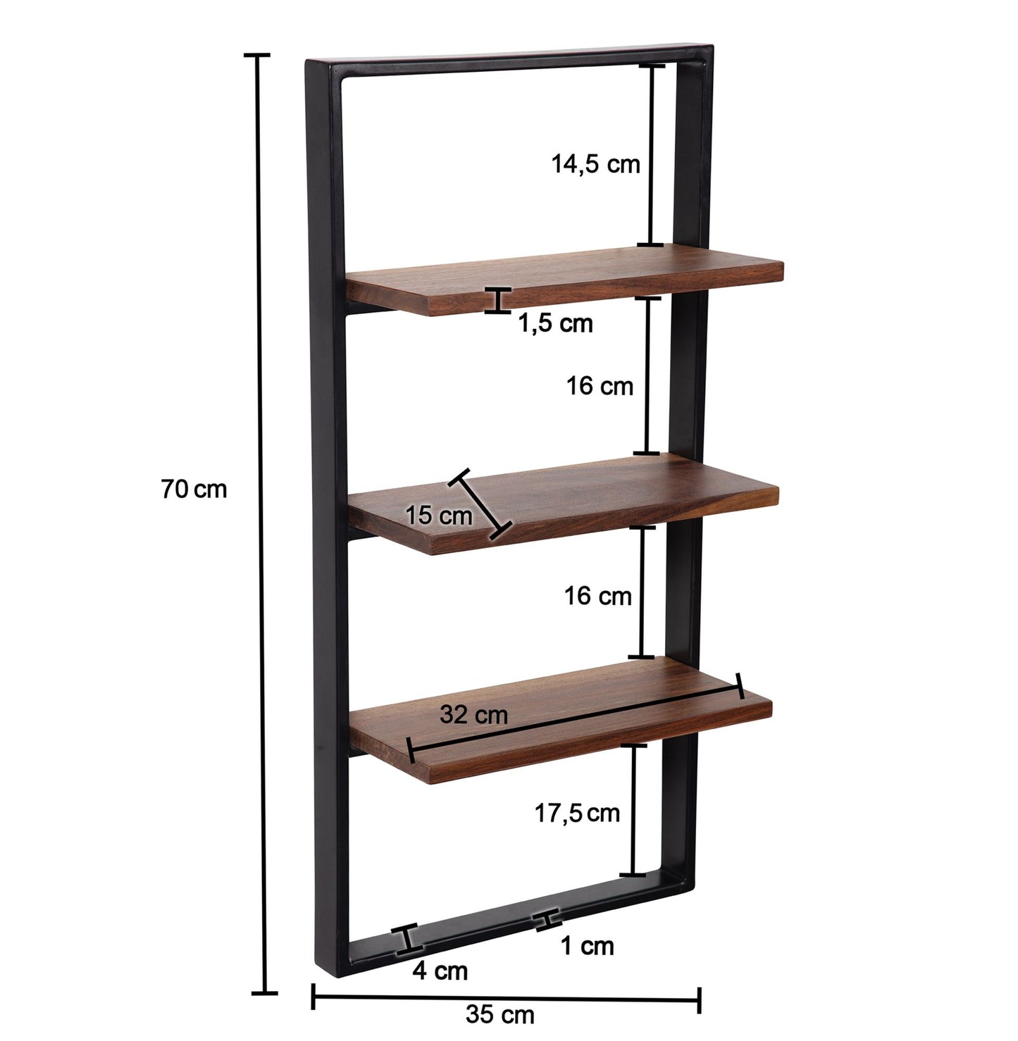 Wandregal 35 mal 70 mal 15 cm Sheesham Massivholz Metall Haengeregal Industrial Design Schweberegal Rechteckig Regal Haengend Wohnzimmer Holzregal Wand mit 3 Ablagen und Metallrahmen