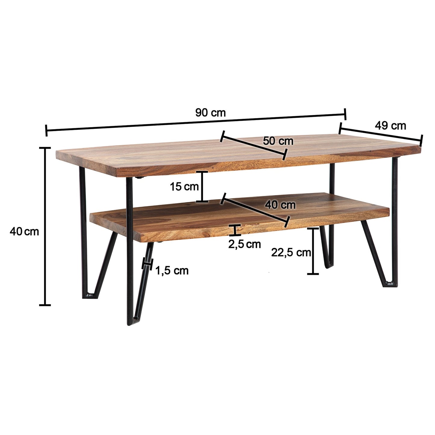 Couchtisch 90 mal 50 mal 40 cm Sheesham Massivholz Metall Sofatisch Rechteckig Design Wohnzimmertisch Kaffeetisch mit Stauraum Holztisch Wohnzimmer Industrial Vierrund