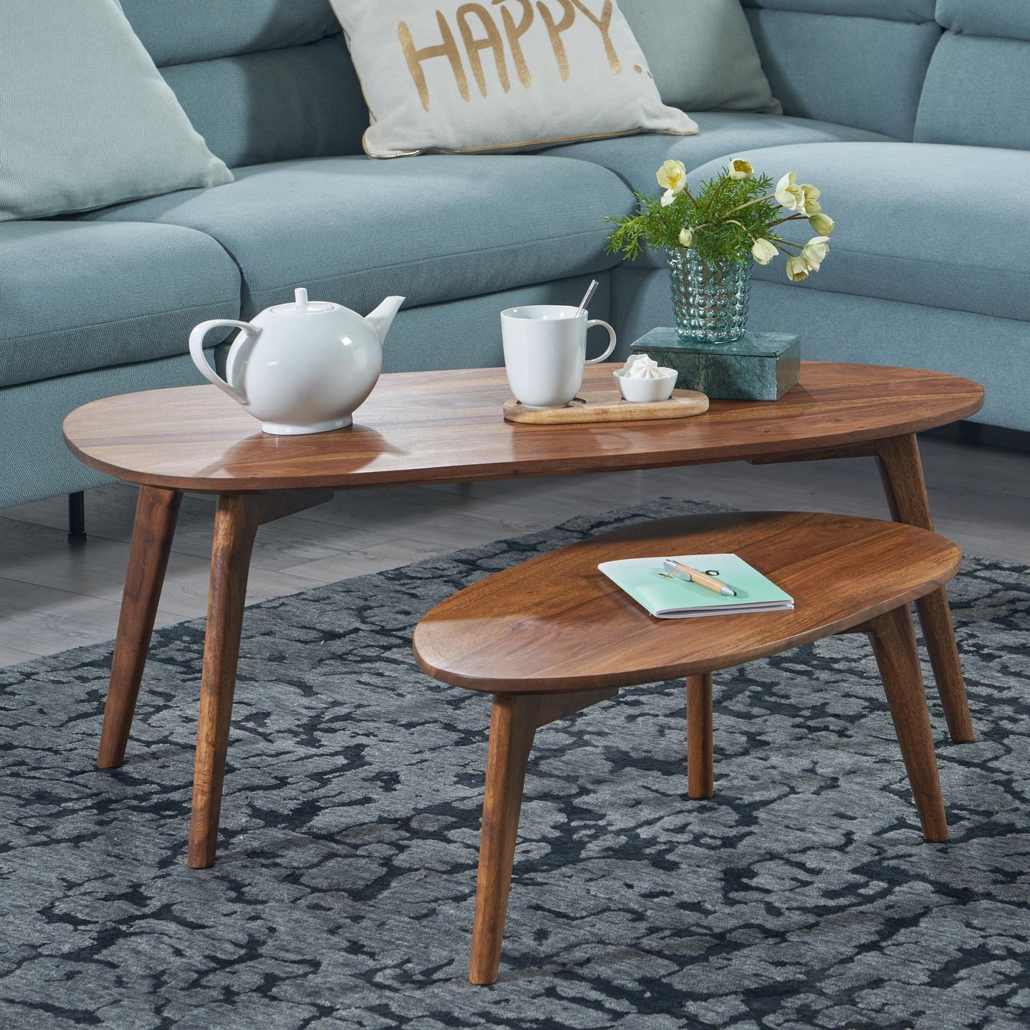 Design Couchtisch 2er Set Sheesham Massivholz Wohnzimmertisch Braun Satztisch Holztisch Nierenform Kaffeetisch Retro Tischset 2 teilig Beistelltisch Holz