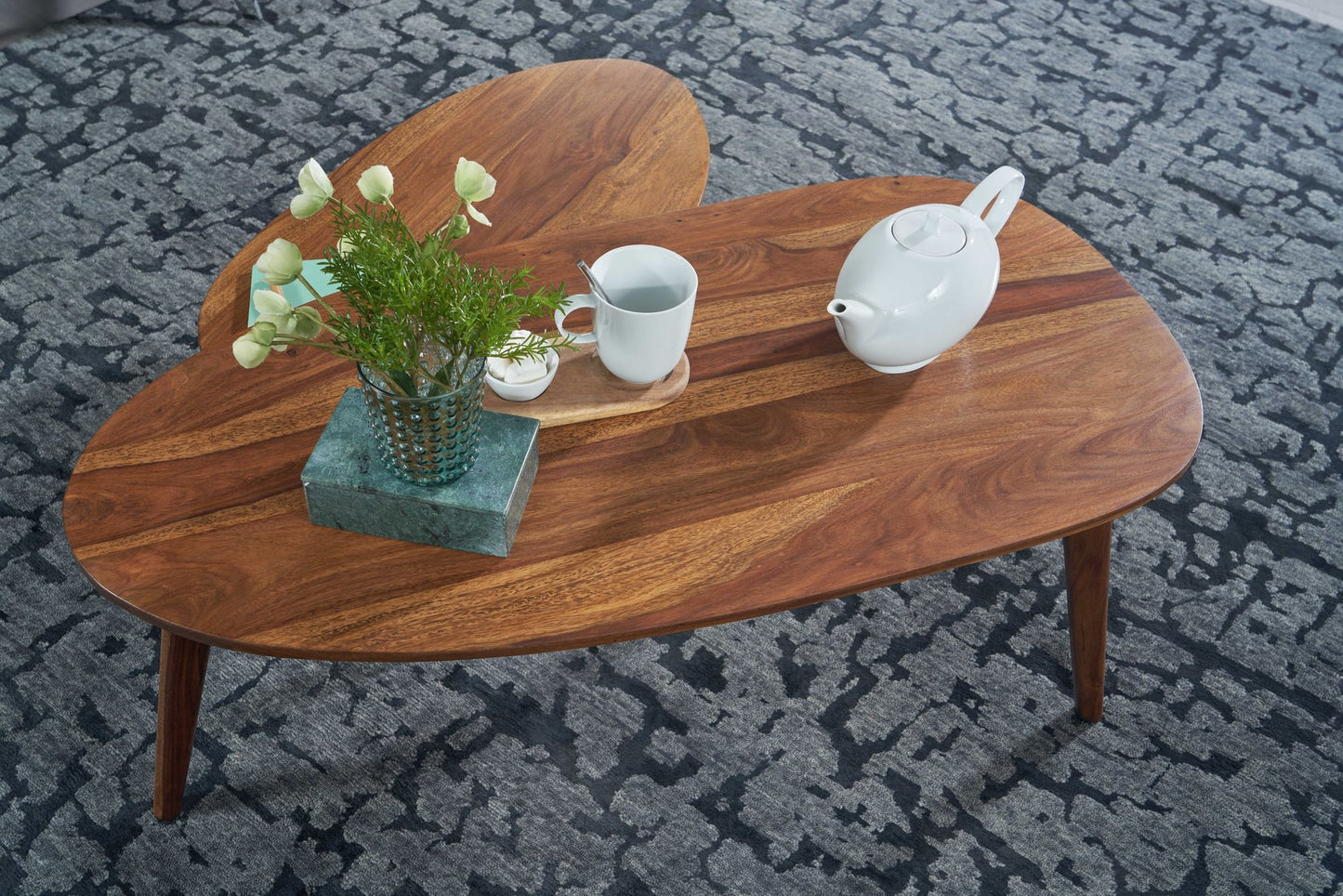 Design Couchtisch 2er Set Sheesham Massivholz Wohnzimmertisch Braun Satztisch Holztisch Nierenform Kaffeetisch Retro Tischset 2 teilig Beistelltisch Holz