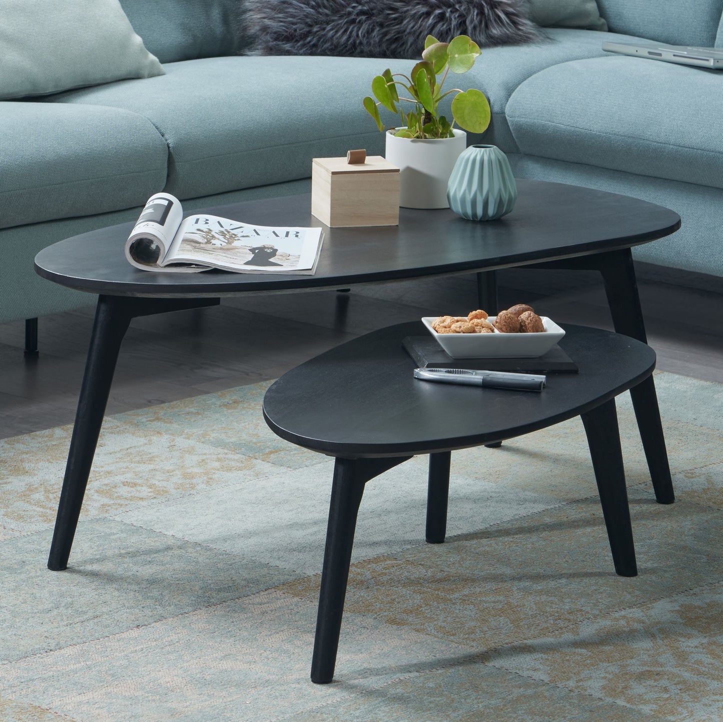 Design Couchtisch 2er Set Mango Massivholz Wohnzimmertisch Schwarz Satztisch Holztisch Nierenform Kaffeetisch Retro Tischset 2 teilig Beistelltisch Holz