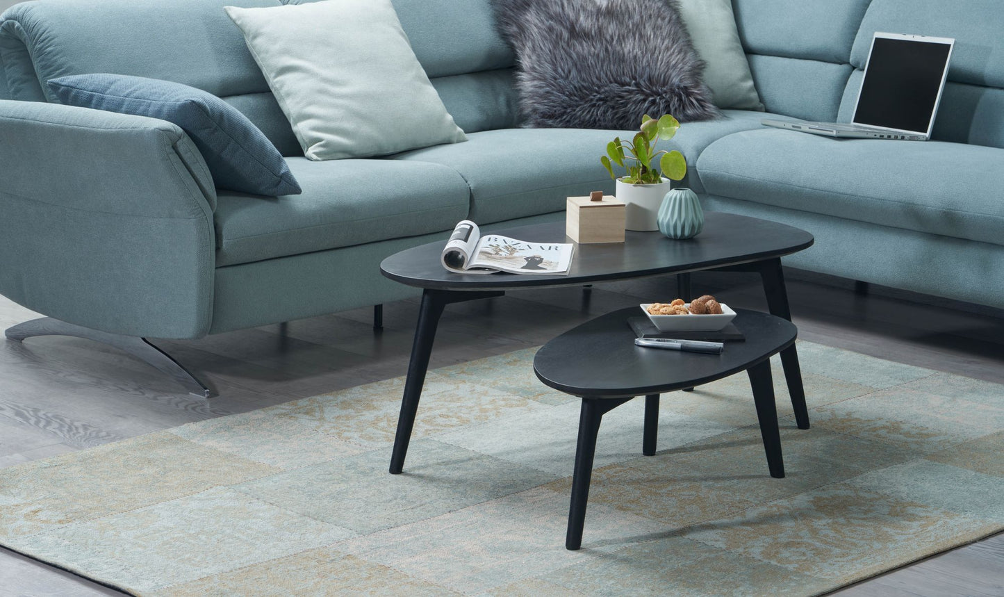 Design Couchtisch 2er Set Mango Massivholz Wohnzimmertisch Schwarz Satztisch Holztisch Nierenform Kaffeetisch Retro Tischset 2 teilig Beistelltisch Holz