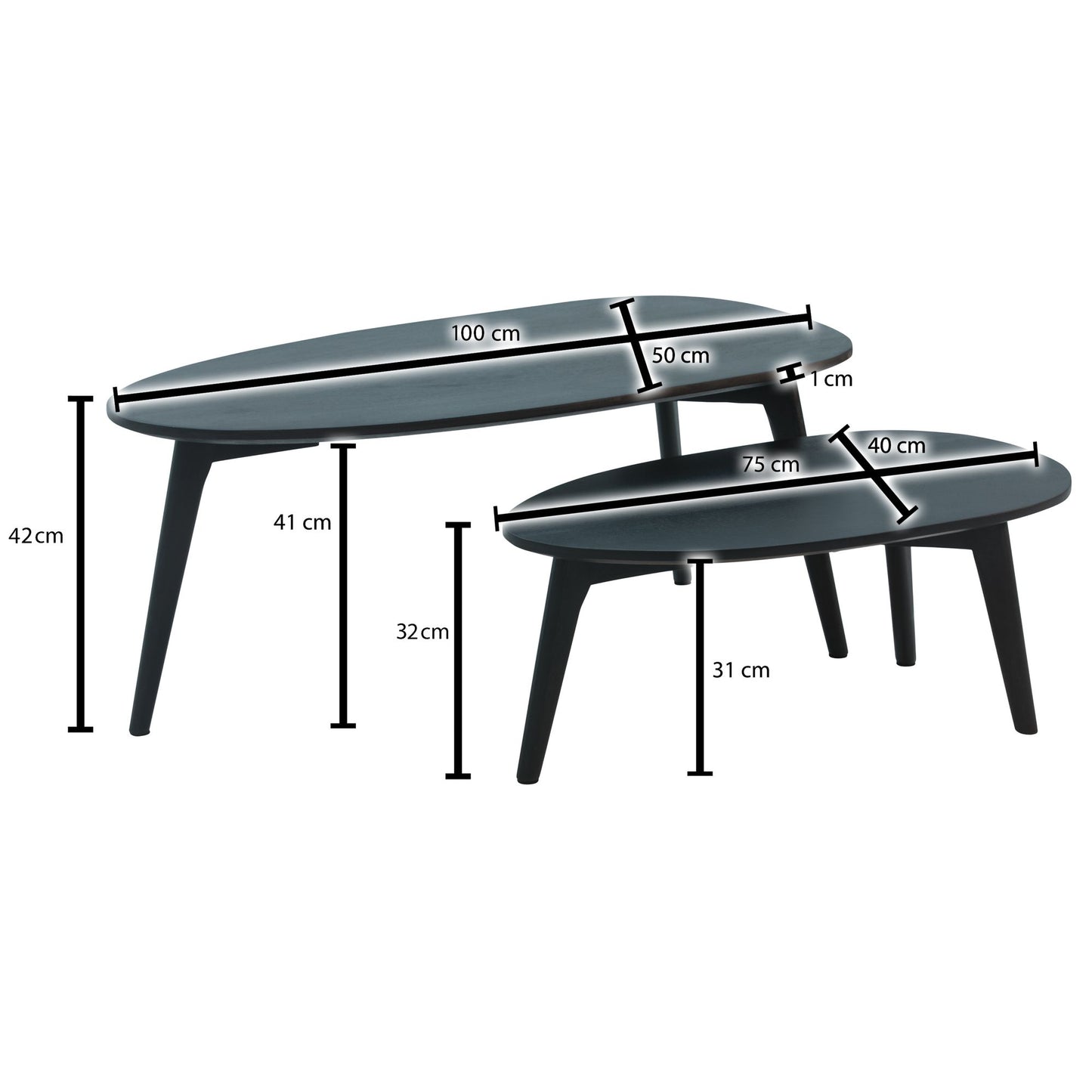 Design Couchtisch 2er Set Mango Massivholz Wohnzimmertisch Schwarz Satztisch Holztisch Nierenform Kaffeetisch Retro Tischset 2 teilig Beistelltisch Holz