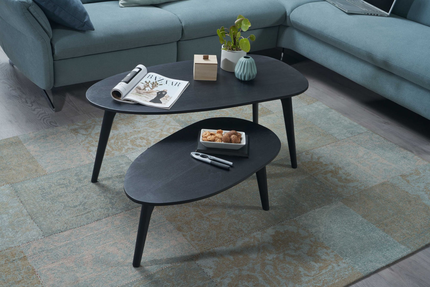 Design Couchtisch 2er Set Mango Massivholz Wohnzimmertisch Schwarz Satztisch Holztisch Nierenform Kaffeetisch Retro Tischset 2 teilig Beistelltisch Holz