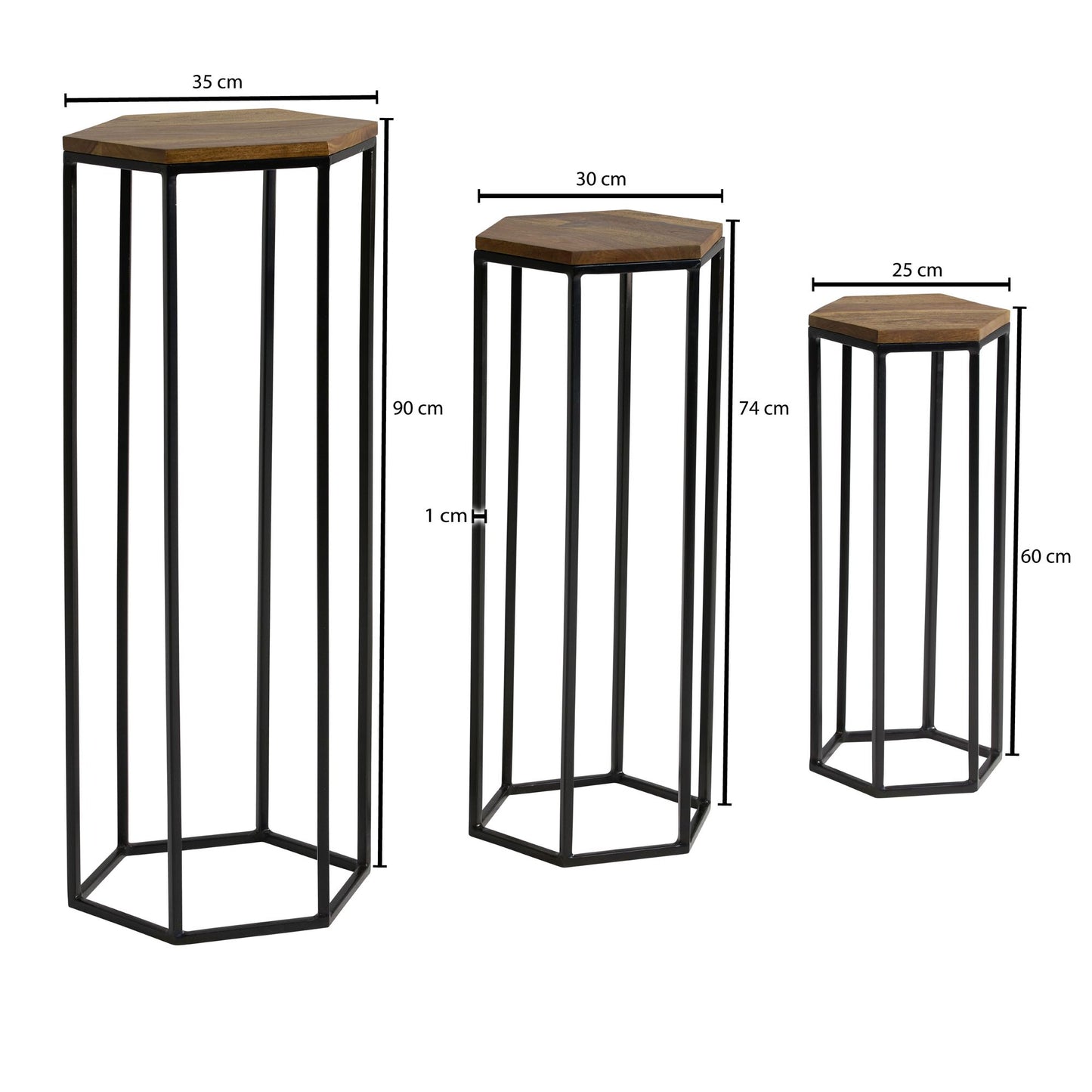 Beistelltisch 3er Set Sheesham Massivholz Metall Satztisch Sechseckig Saeulentisch Pflanzentisch 3 teilig Blumenstaender Blumentisch Wohnzimmer Pflanzenhocker Blumenhocker