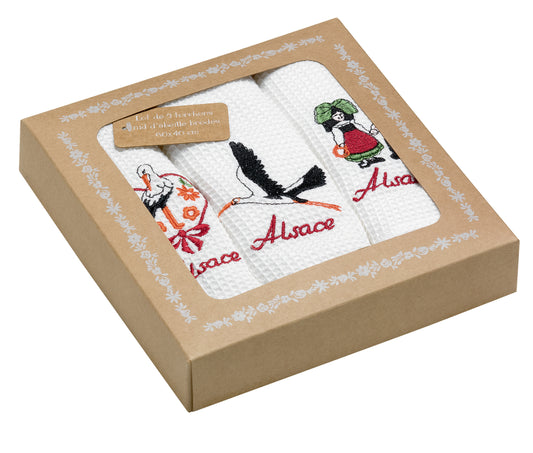 Set aus 3 Waffelgewebe Geschirrtuechern Broderie Alsace Blanc 40 X 60