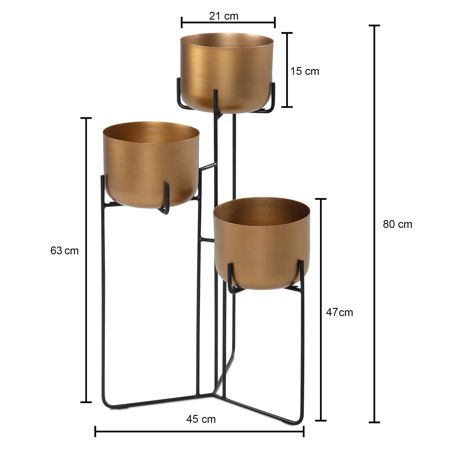 Blumenstaender Metall Gold Schwarz 45 mal 80 mal 45 cm Pflanzenstaender Stehend Blumenhocker Freistehend mit 3 Toepfen Pflanzenregal Blumenregal Gross Blumentreppe Blumensaeule Modern