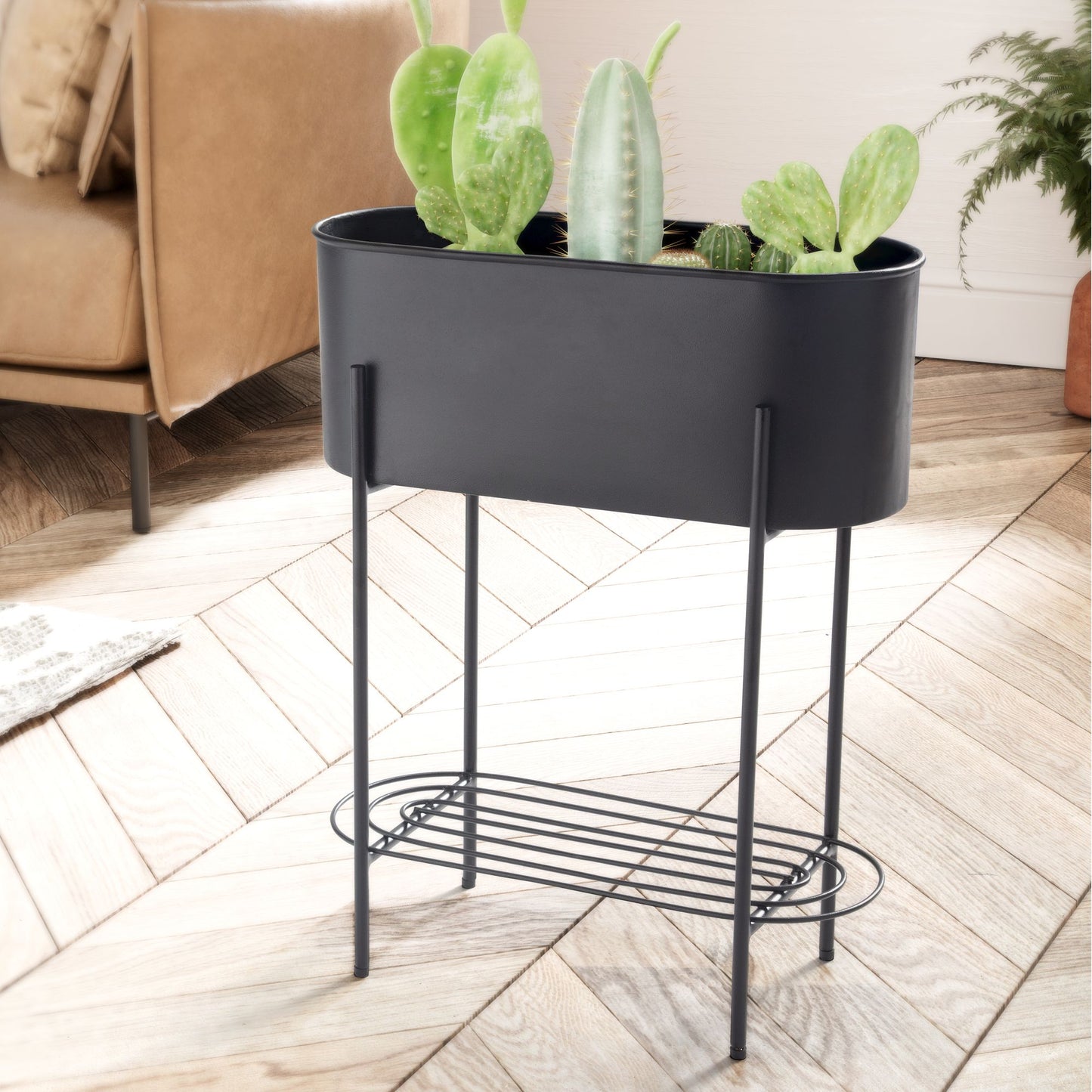 Pflanzgefaess Metall 51 mal 65 mal 22 cm Pflanzkuebel Schwarz mit Gestell und Ablage Design Pflanzenkuebel Blumenkasten Indoor Blumenkuebel Blumentopf Rechteckig