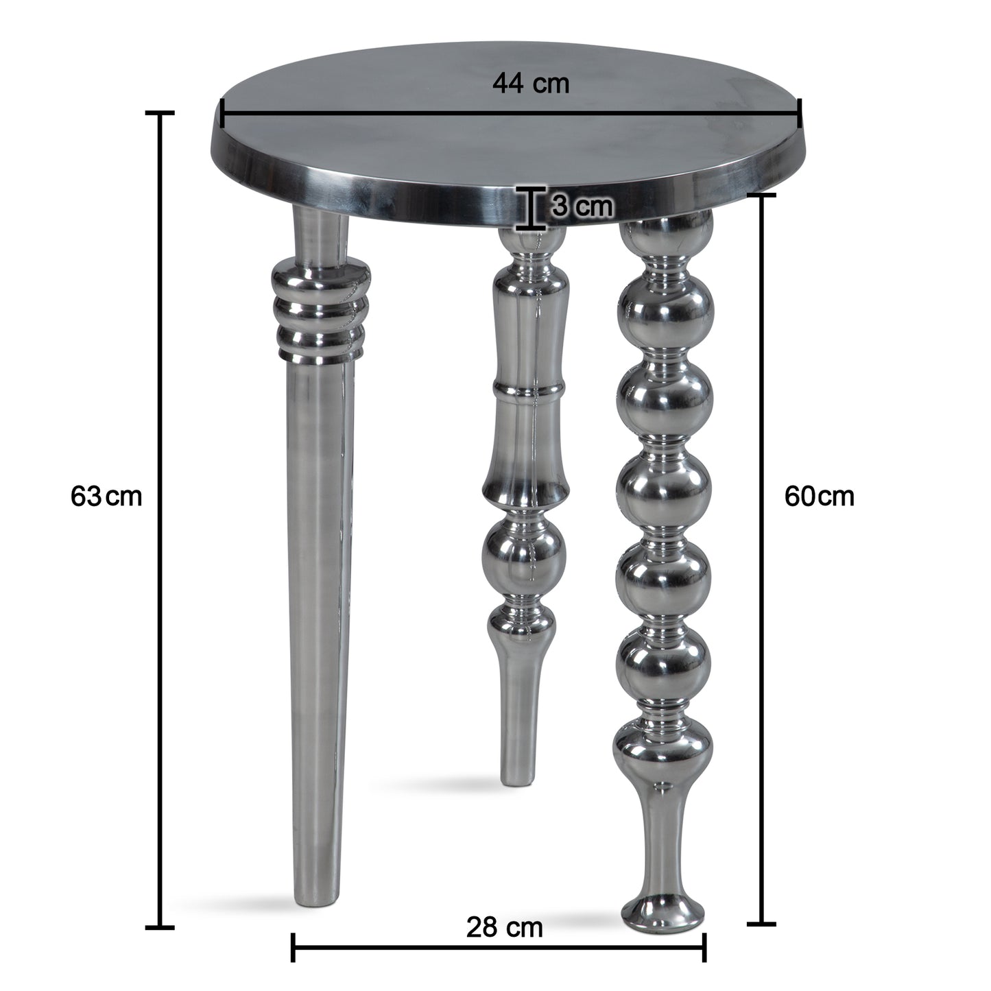 Beistelltisch 44 mal 44 mal 63 cm Aluminium mit drei verschiedenen Beinen Dreibein Wohnzimmertisch Metall Dekotisch Rund Silber Alu Abstelltisch Modern Kleiner Tisch Wohnzimmer