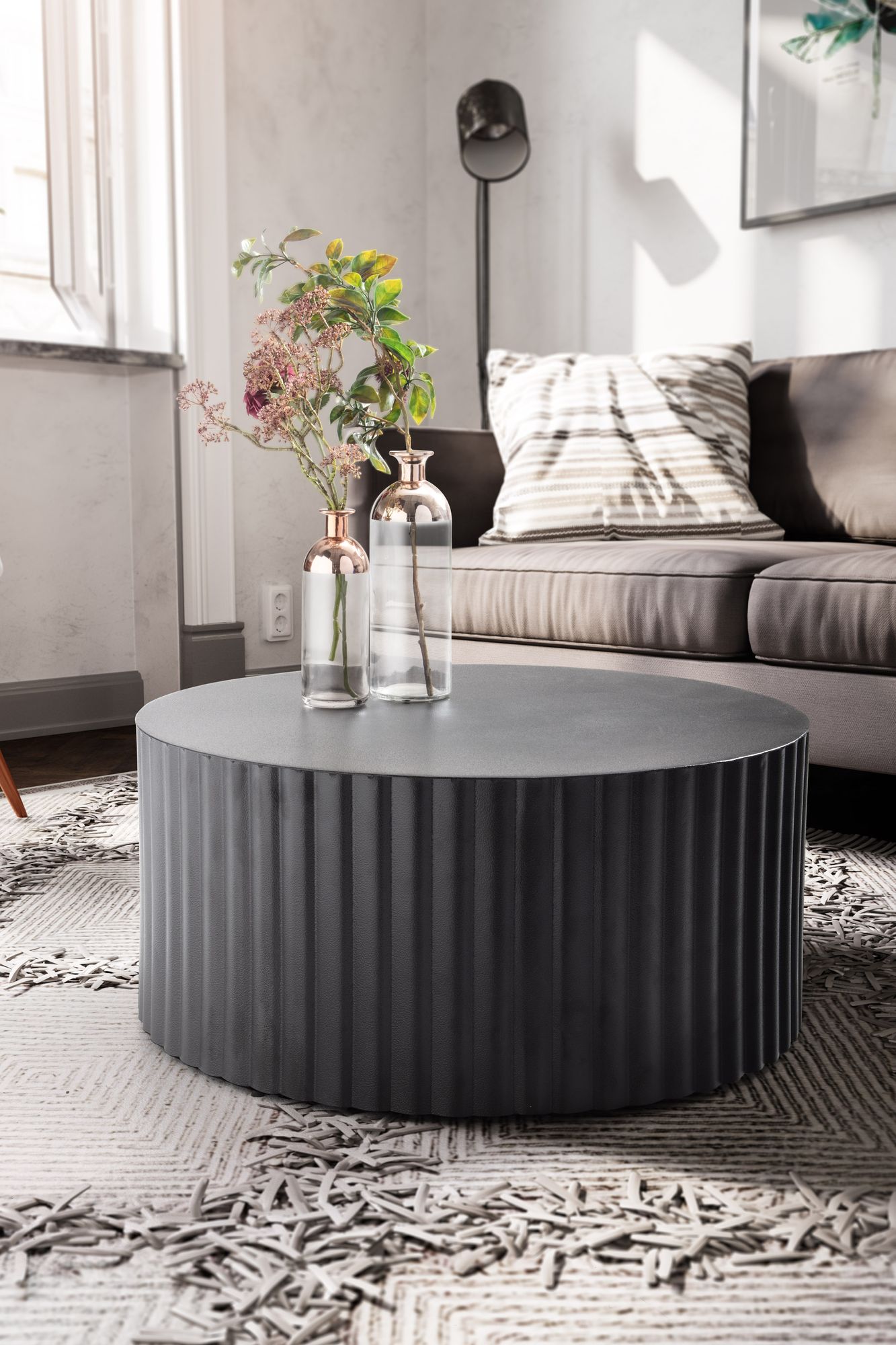 Couchtisch 67 mal 67 mal 31 cm Metall Schwarz Sofatisch Rund Design Wohnzimmertisch mit Wellen Muster Kaffeetisch Eisen in Lamellen Optik Kleiner Tisch Beistelltisch Wohnzimmer Modern