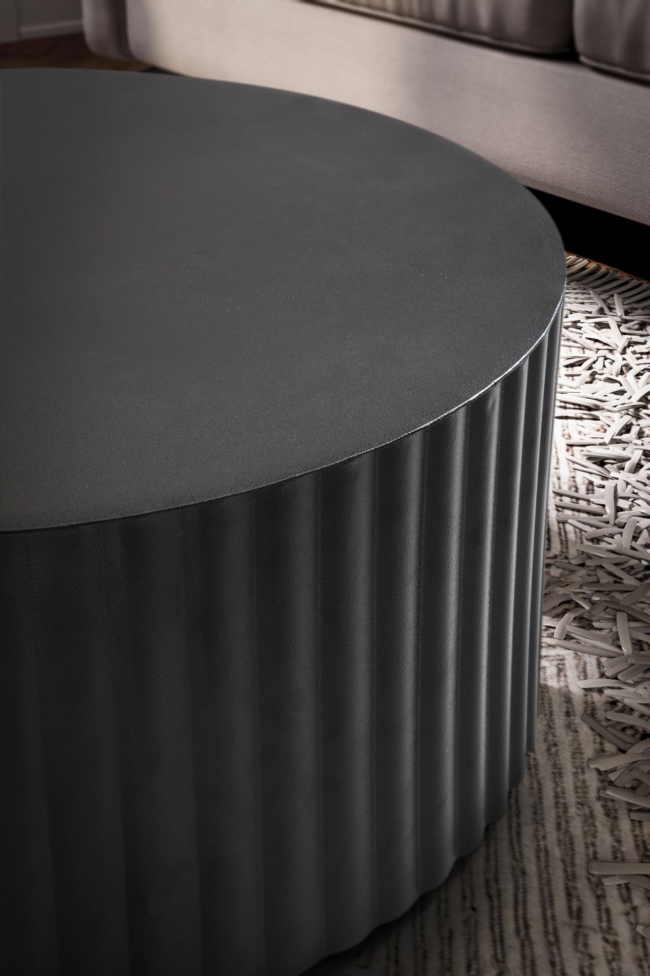 Couchtisch 67 mal 67 mal 31 cm Metall Schwarz Sofatisch Rund Design Wohnzimmertisch mit Wellen Muster Kaffeetisch Eisen in Lamellen Optik Kleiner Tisch Beistelltisch Wohnzimmer Modern