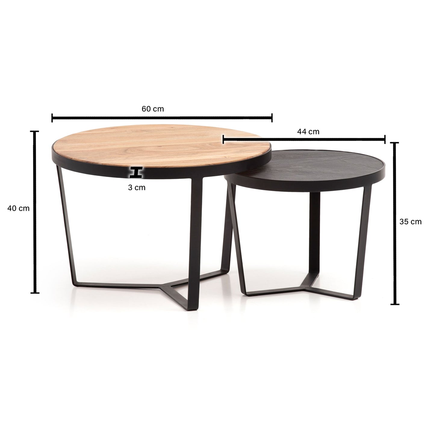 Couchtisch 2er Set Akazie Massivholz Steinoptik Wohnzimmertisch Rund Satztisch mit Metallgestell Kaffeetisch Modern Sofatisch Verschachtelungstisch 2 teilig Braun Anthrazit