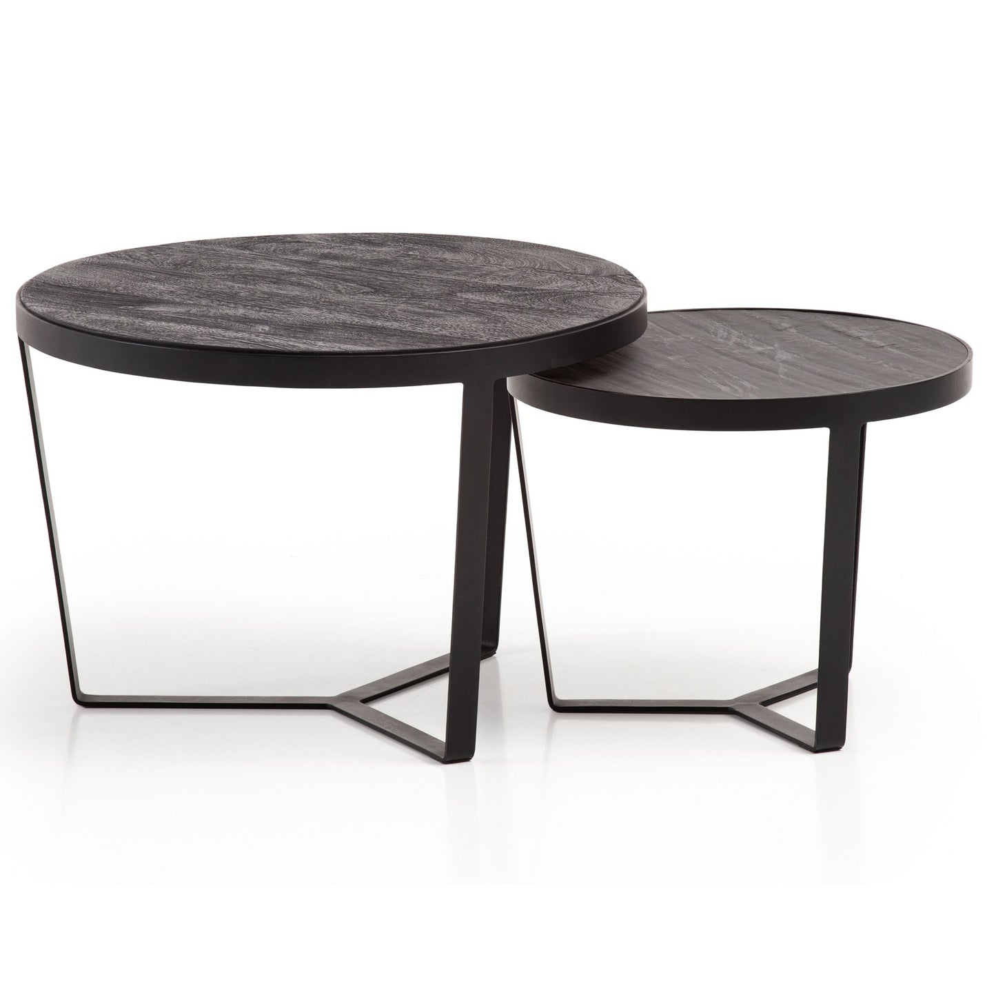 Couchtisch 2er Set Akazie Massivholz Steinoptik Wohnzimmertisch Rund Satztisch mit Metallgestell Kaffeetisch Modern Sofatisch Verschachtelungstisch 2 teilig Schwarz Anthrazit