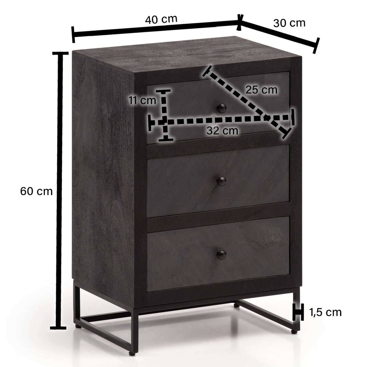 Nachttisch Mango Massivholz Steinoptik 40 mal 60 mal 30 cm Nachtschrank Bo mal springbett Design Nachtkonsole Schwarz mit 3 Schubladen Nachtkommode mit Stauraum und Metallgestell