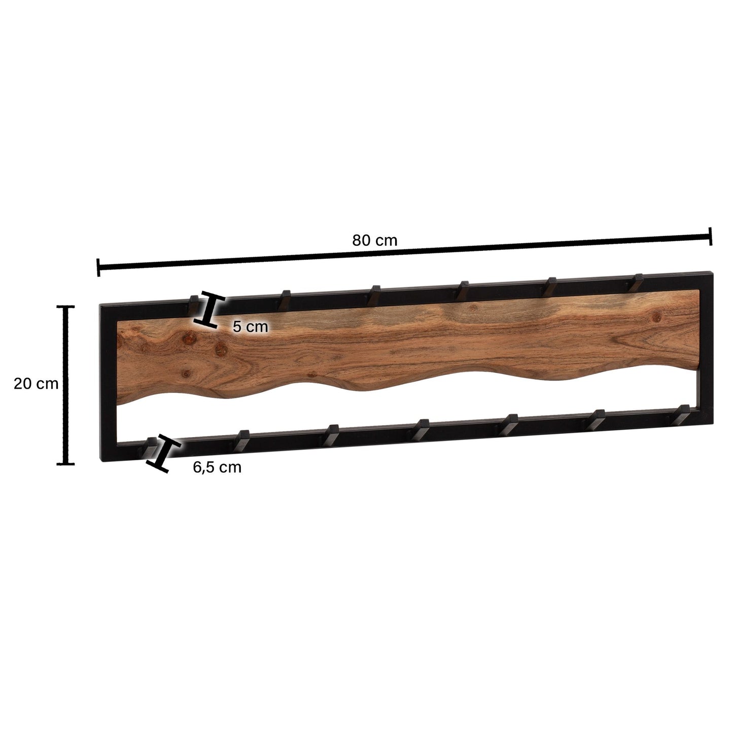 Wandgarderobe Akazie Massivholz Metall 80 mal 20 mal 8 cm Hakenleiste fuer Jacken Schals und Muetzen Flurgarderobe mit Wellenmuster Garderobe Wand Holz