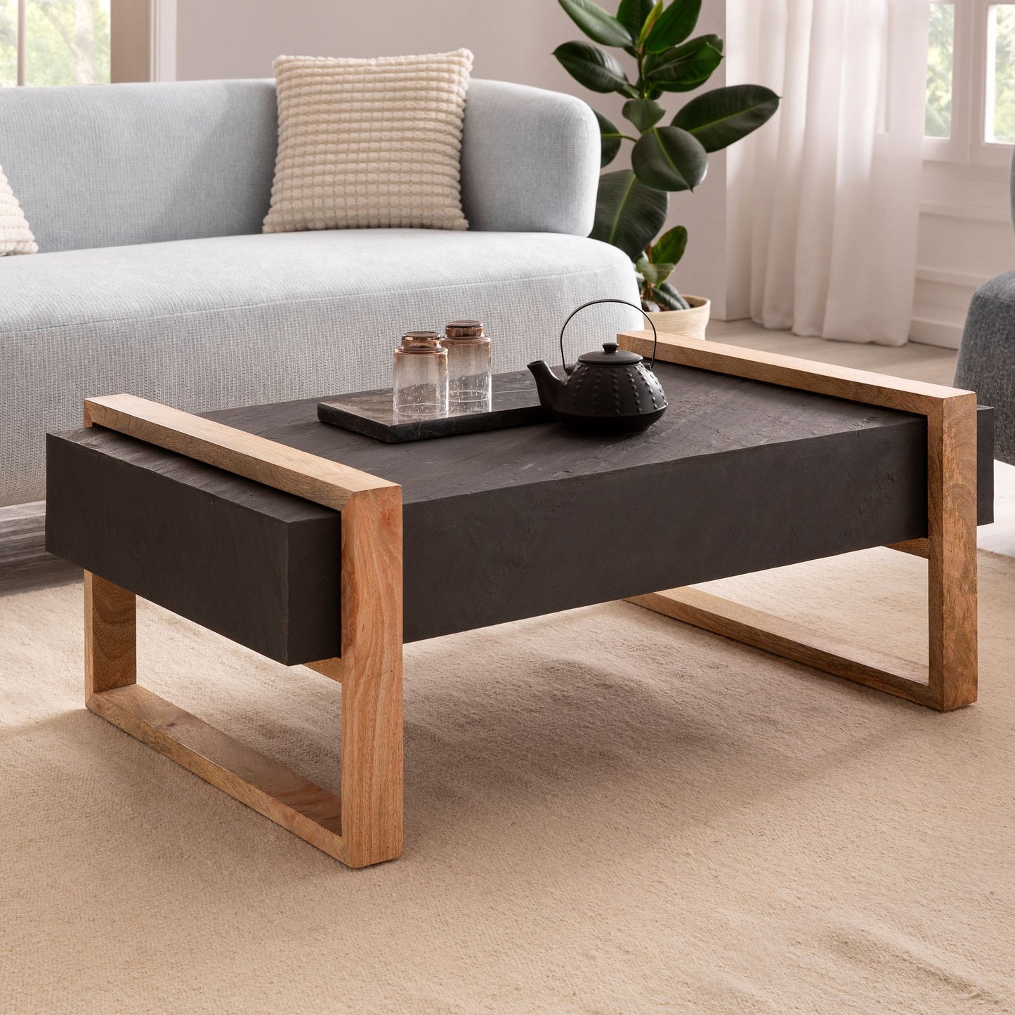 Couchtisch 105 mal 66 mal 40 cm Mango Massivholz Steinoptik Sofatisch Anthrazit Design Wohnzimmertisch Kaffeetisch Massiv Tisch Wohnzimmer Rechteckig Modern