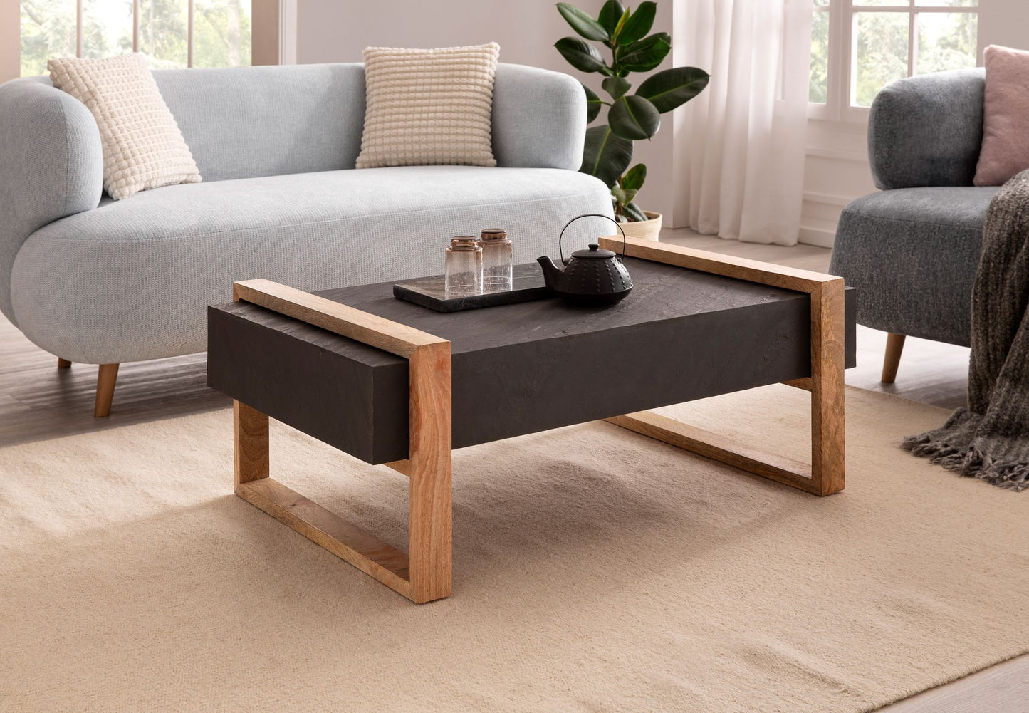 Couchtisch 105 mal 66 mal 40 cm Mango Massivholz Steinoptik Sofatisch Anthrazit Design Wohnzimmertisch Kaffeetisch Massiv Tisch Wohnzimmer Rechteckig Modern