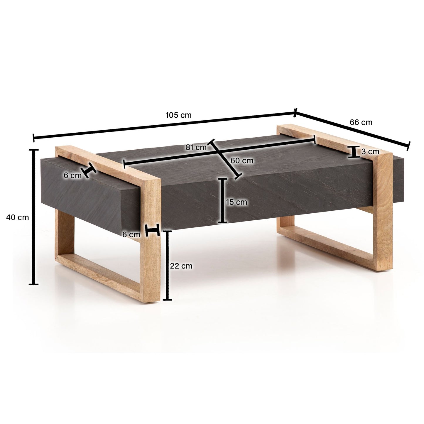 Couchtisch 105 mal 66 mal 40 cm Mango Massivholz Steinoptik Sofatisch Anthrazit Design Wohnzimmertisch Kaffeetisch Massiv Tisch Wohnzimmer Rechteckig Modern