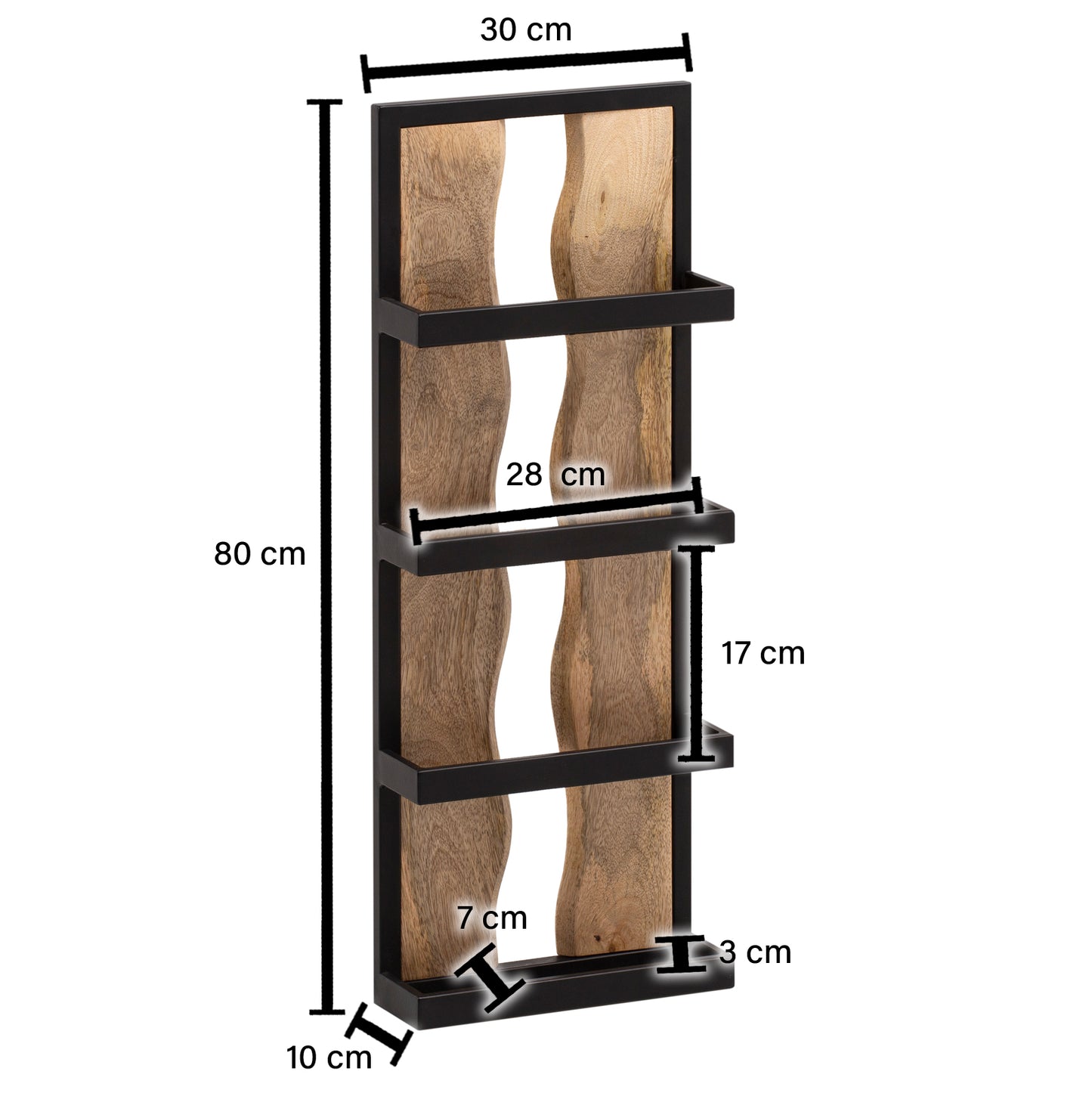 Wandregal 30 mal 80 mal 10 cm Mango Massivholz Metall Haengeregal Industrial Design Schweberegal Rechteckig Regal Haengend Wohnzimmer Holzregal Wand mit 4 Ablagen und Wellenmuster