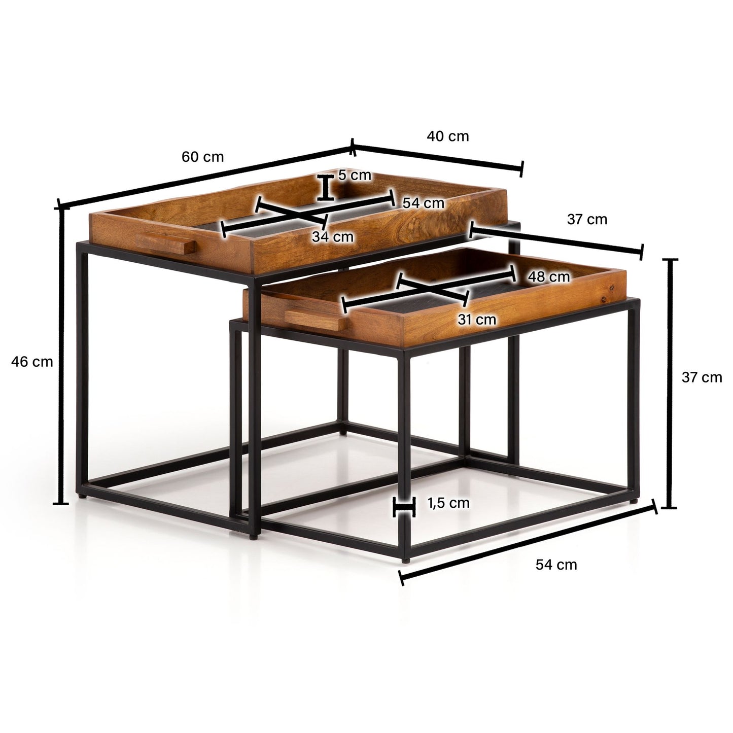 Couchtisch 2er Set Mango Massivholz Steinoptik Wohnzimmertisch abnehmbares Tablett Satztisch mit Metallgestell Tabletttisch Modern Verschachtelungstisch 2 teilig Braun Anthrazit