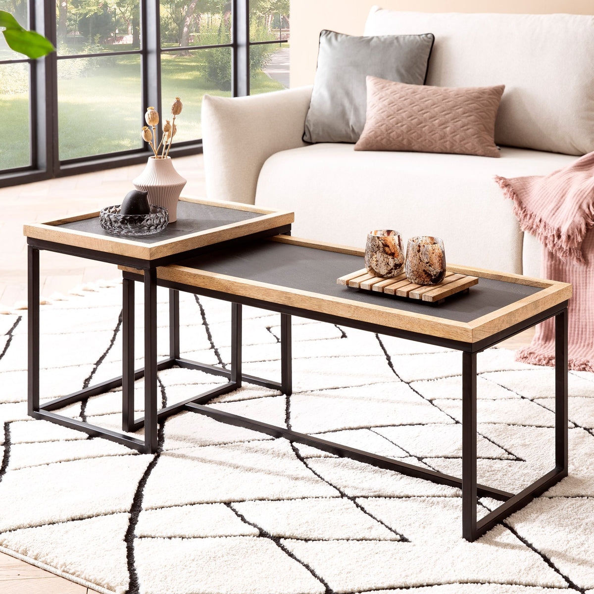 Couchtisch 2er Set Mango Massivholz Steinoptik Wohnzimmertisch Eckig S – Wohnmomentum