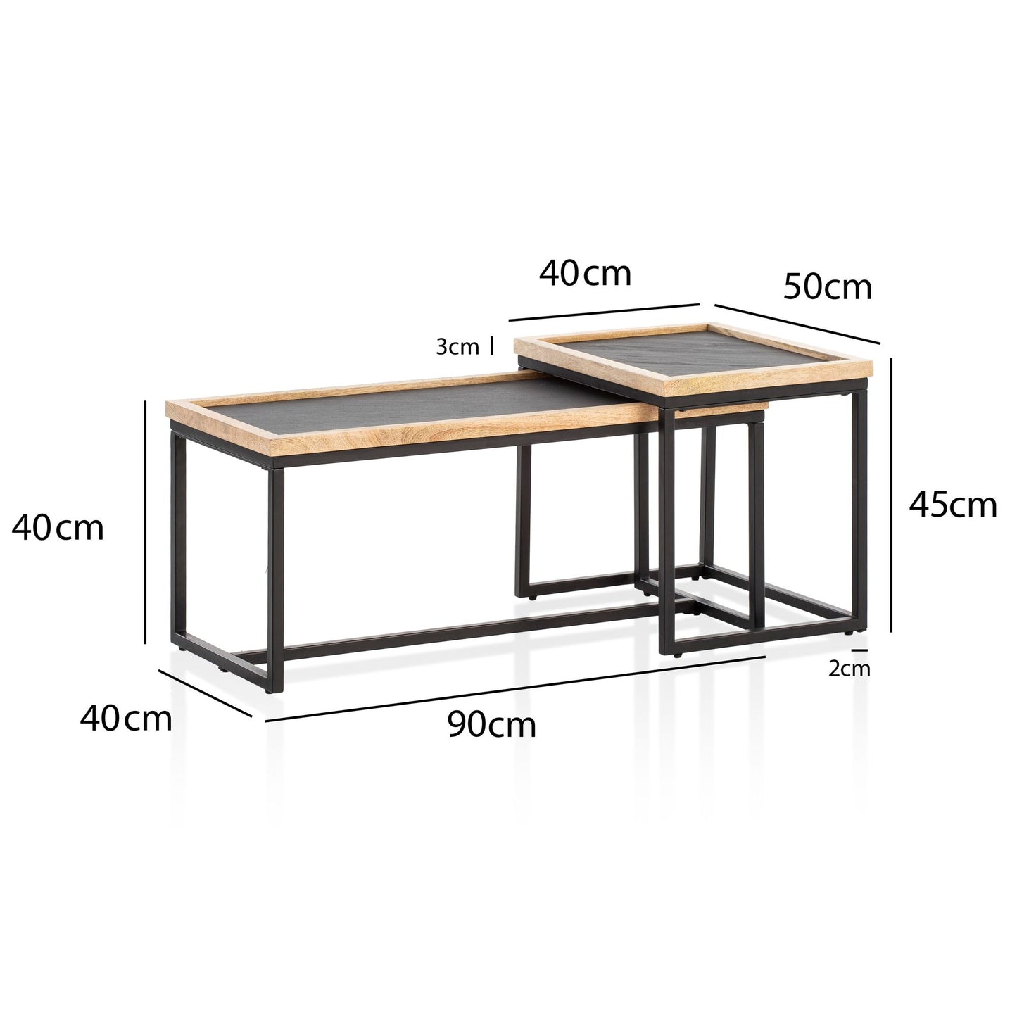 Couchtisch 2er Set Mango Massivholz Steinoptik Wohnzimmertisch Eckig Satztisch mit Metallgestell Kaffeetisch Modern Sofatisch Verschachtelungstisch 2 teilig Braun Anthrazit