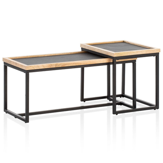 Couchtisch 2er Set Mango Massivholz Steinoptik Wohnzimmertisch Eckig Satztisch mit Metallgestell Kaffeetisch Modern Sofatisch Verschachtelungstisch 2 teilig Braun Anthrazit