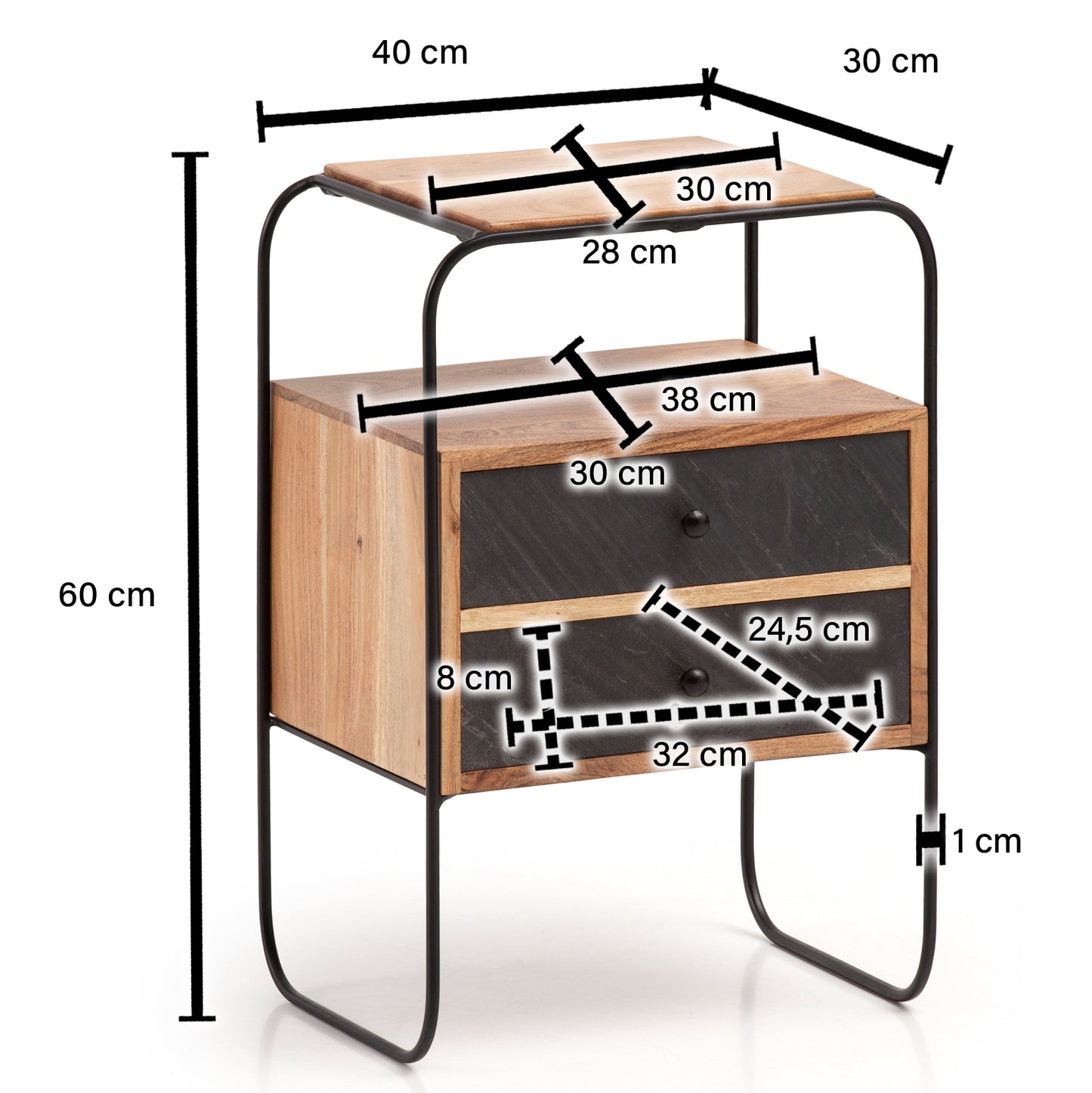 Nachttisch Akazie Massivholz Steinoptik 40 mal 60 mal 30 cm Nachtschrank Bo mal springbett Industrial Nachtkonsole Braun mit 2 Schubladen und Ablageflaeche Nachtkommode Stauraum und Metallgestell