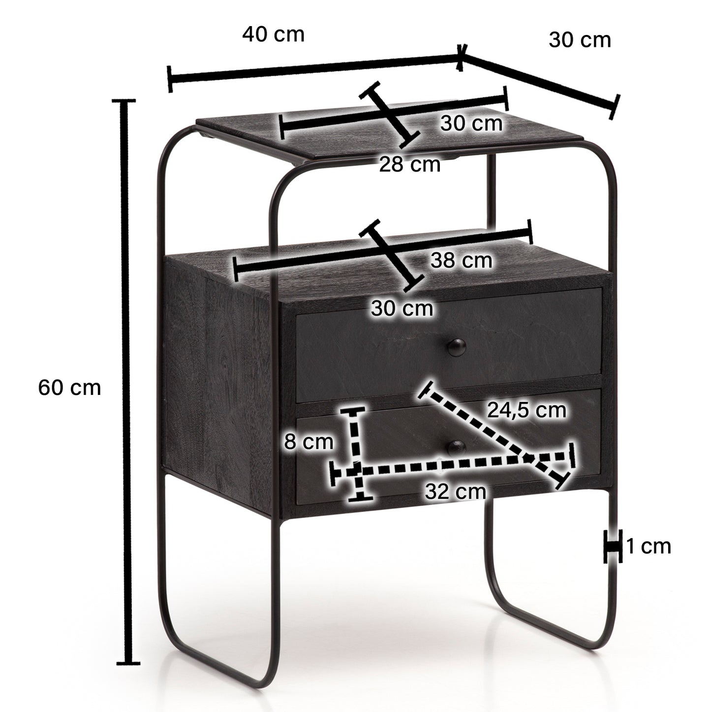 Nachttisch Mango Massivholz Steinoptik 40 mal 60 mal 30 cm Nachtschrank Bo mal springbett Industrial Nachtkonsole Schwarz mit 2 Schubladen und Ablageflaeche Nachtkommode Stauraum und Metallgestell