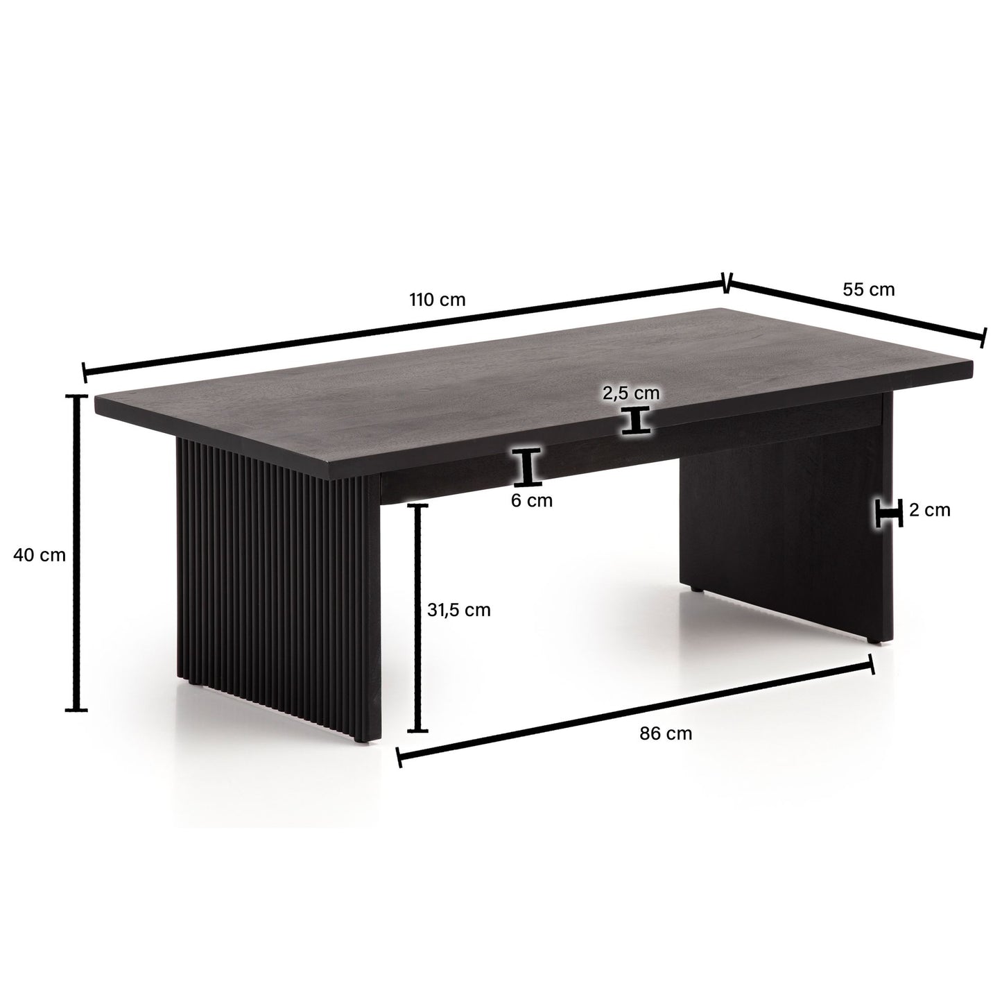 Couchtisch 110 mal 55 mal 40 cm Mango Massivholz Schwarz Sofatisch Rechteckig Design Wohnzimmertisch Modern Massiv Kaffeetisch Wohnzimmer mit Beinen in Lamellen Optik