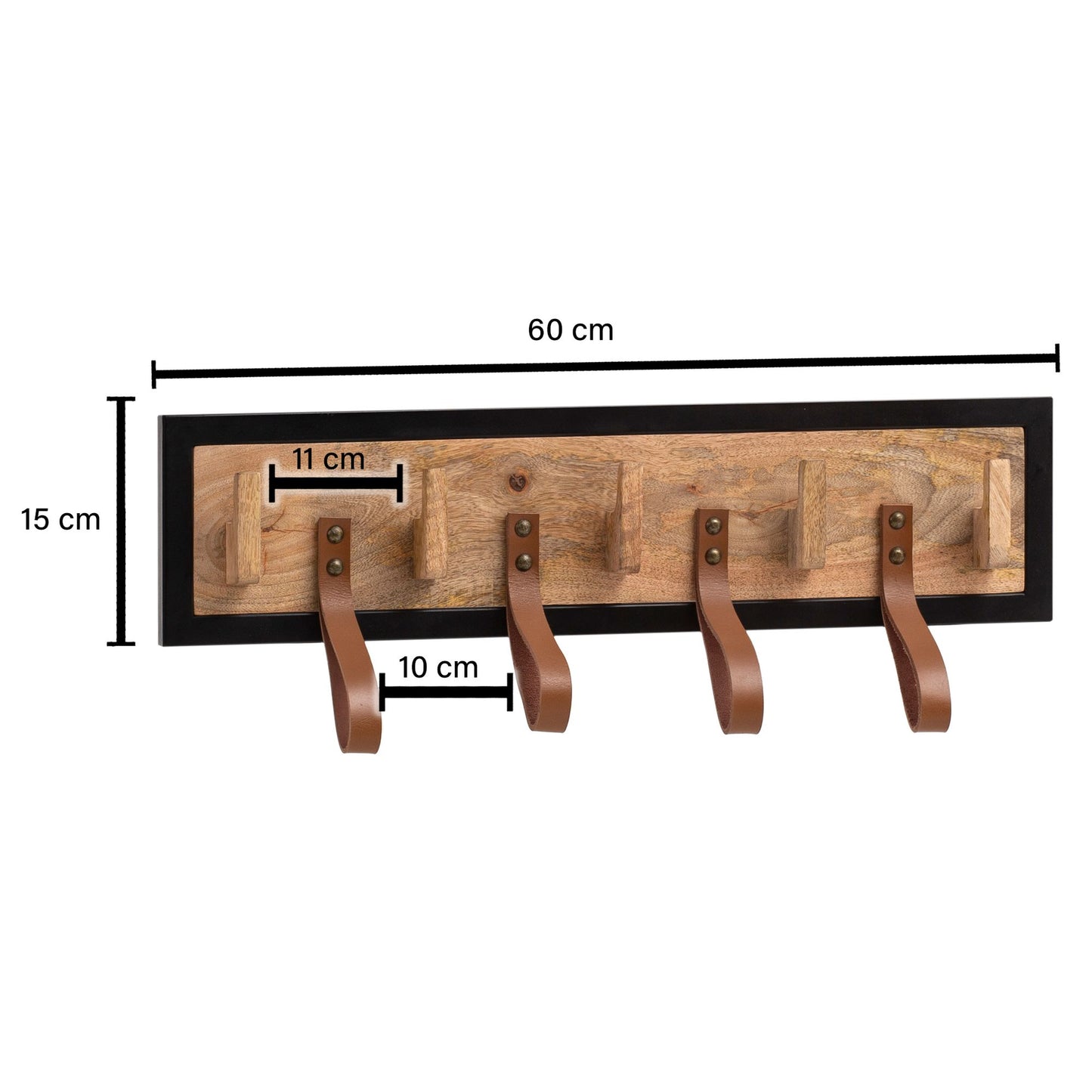 Wandgarderobe Mango Massivholz Echtleder 60 mal 15 mal 6 cm Hakenleiste fuer Jacken Schals und Muetzen Flurgarderobe mit Metallrahmen Garderobe Wand Holz mit Schlaufen