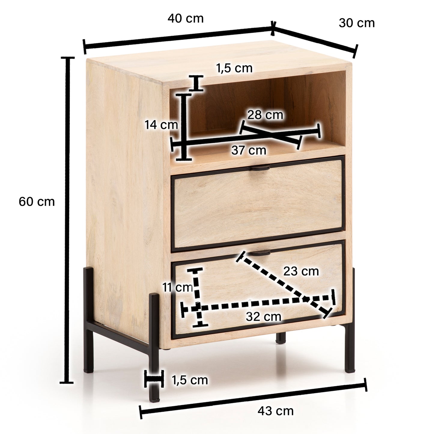 Nachttisch Mango Massivholz Metall 43 mal 60 mal 30 cm Nachtschrank Bo mal springbett Design Nachtkonsole Braun mit 2 Schubladen Nachtkommode mit Stauraum und Metallgestell