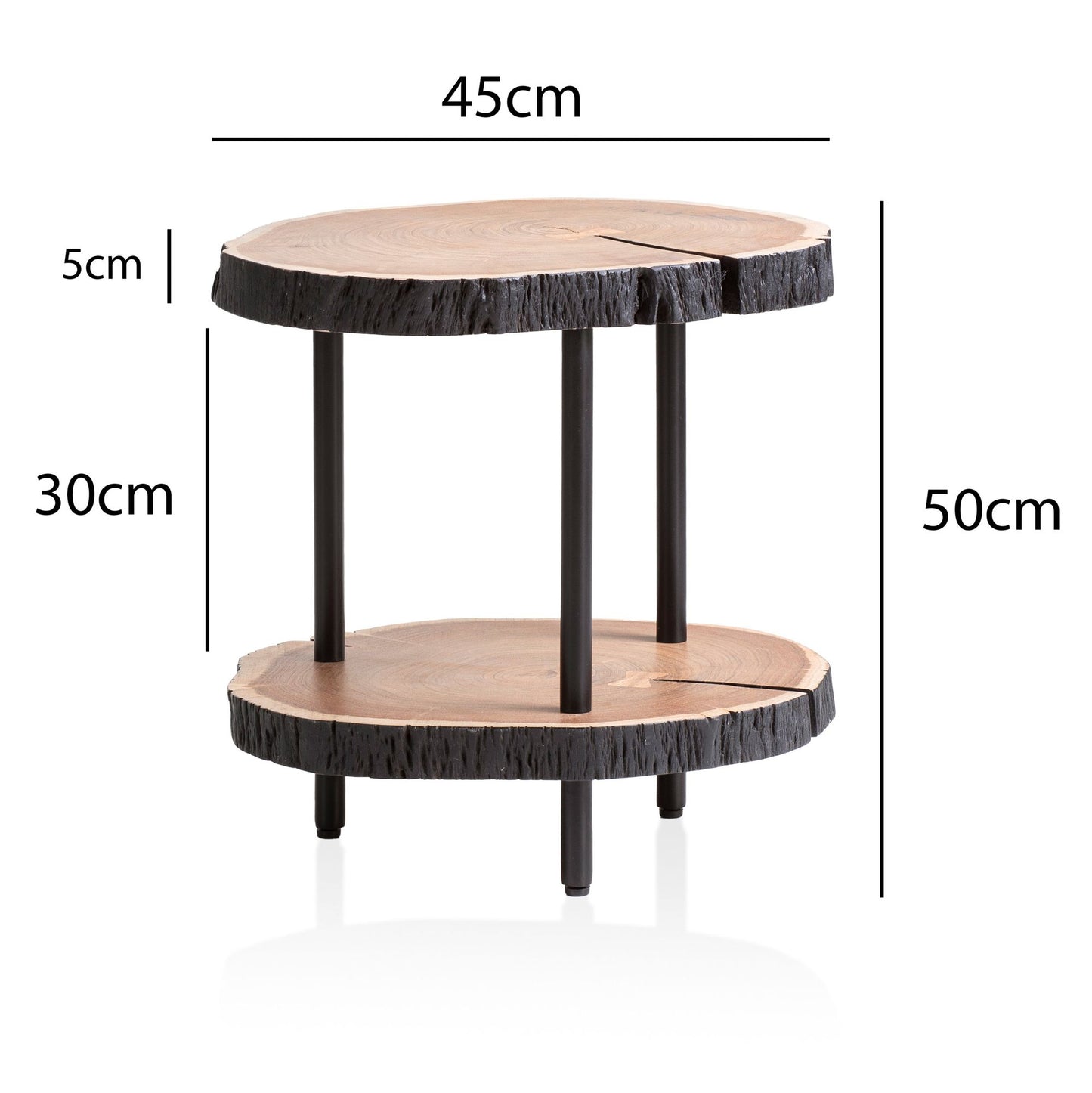 Beistelltisch Akazie Vollholz Metall 45 mal 45 mal 50 cm mit Baumkante Kleiner Sofatisch Organisch Wohnzimmertisch Couchtisch Modern Baumscheibe Anstelltisch Hoch mit Stauraum