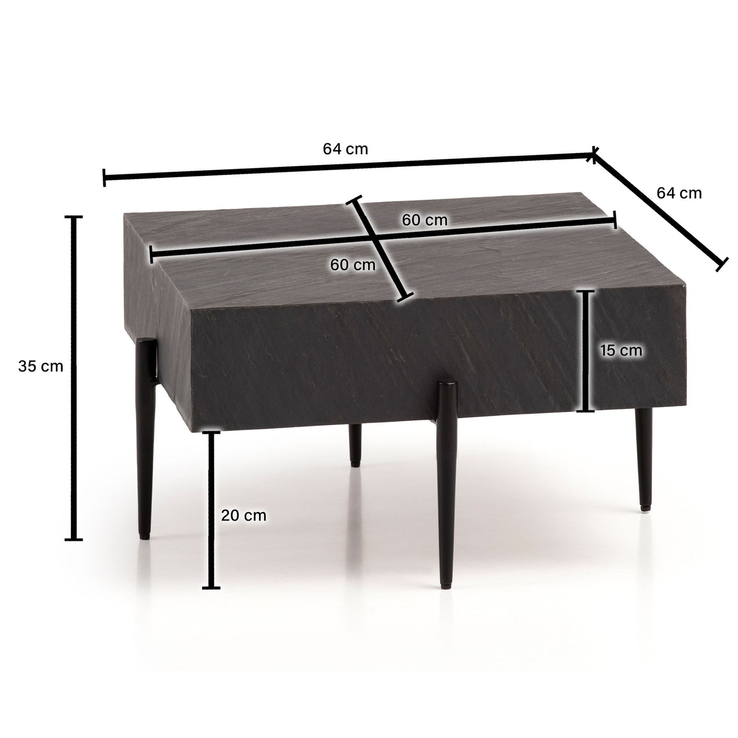 Couchtisch 64 mal 64 mal 35 cm Steinoptik Metall Sofatisch Anthrazit Quadratisch Design Wohnzimmertisch Kaffeetisch Massiv Tisch Wohnzimmer Modern