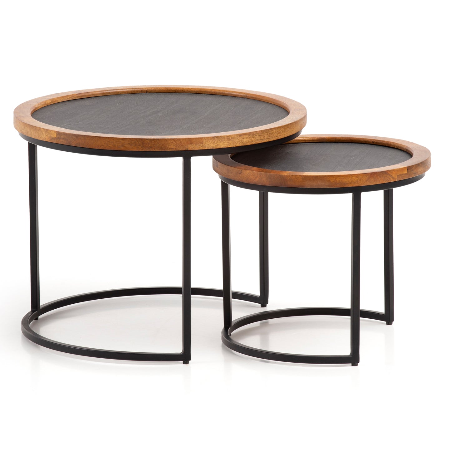 Couchtisch 2er Set Mango Massivholz Steinoptik Wohnzimmertisch Rund Satztisch mit Metallgestell Kaffeetisch Modern Sofatisch Verschachtelungstisch 2 teilig Braun Anthrazit