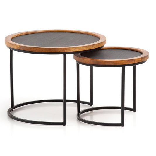 Couchtisch 2er Set Mango Massivholz Steinoptik Wohnzimmertisch Rund Satztisch mit Metallgestell Kaffeetisch Modern Sofatisch Verschachtelungstisch 2 teilig Braun Anthrazit