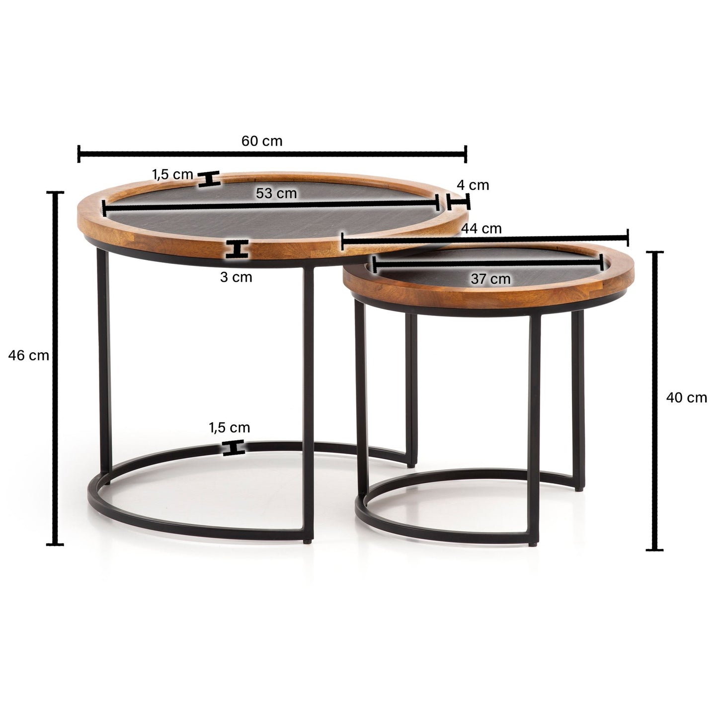 Couchtisch 2er Set Mango Massivholz Steinoptik Wohnzimmertisch Rund Satztisch mit Metallgestell Kaffeetisch Modern Sofatisch Verschachtelungstisch 2 teilig Braun Anthrazit