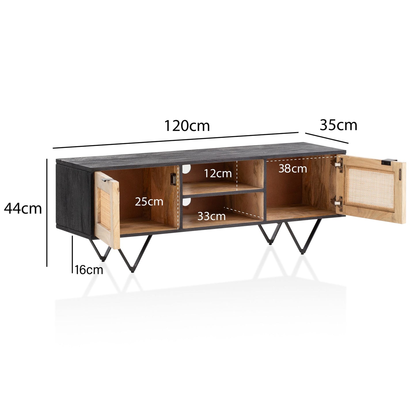 Lowboard Mango Massivholz Rattan 120 mal 44 mal 35 cm TV Kommode mit zwei Tueren Design TV Schrank mit Kabeldurchlass Fernsehtisch Fernsehschrank Modern Fernsehkommode Wohnzimmer